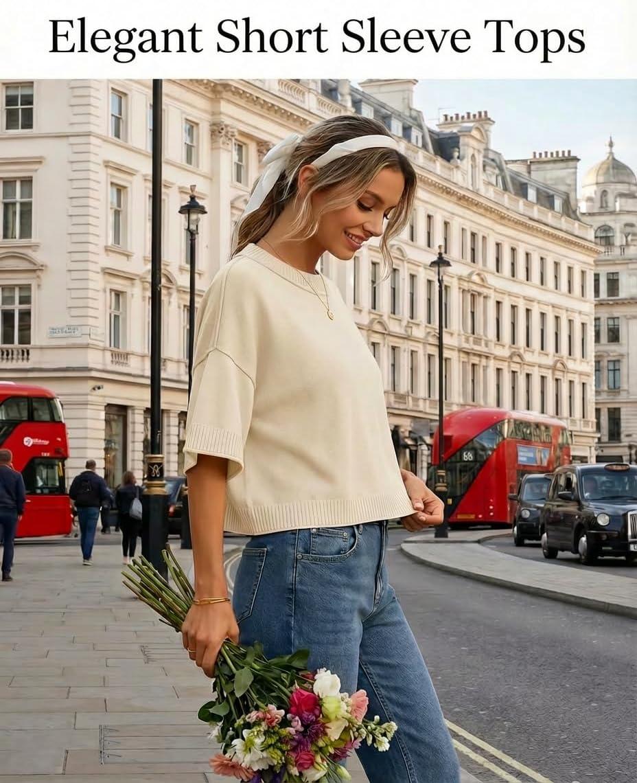 imageZESICA Womens Casual Short Sleeve Sweaters 2026 Summer Oversized Crewneck Soft Knit Cropped Tops Trendy OutfitsBeige