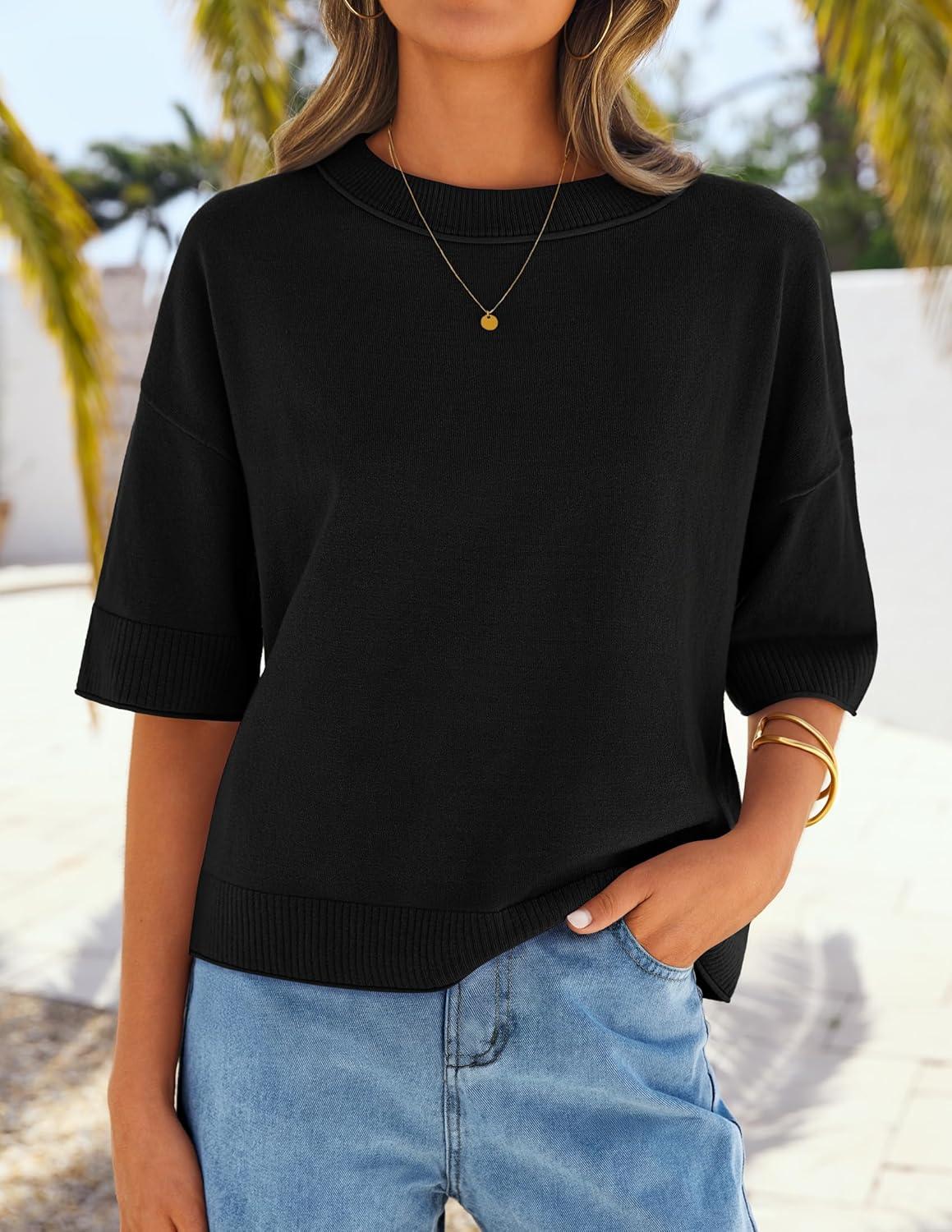 imageZESICA Womens Casual Short Sleeve Sweaters 2026 Summer Oversized Crewneck Soft Knit Cropped Tops Trendy OutfitsBlack
