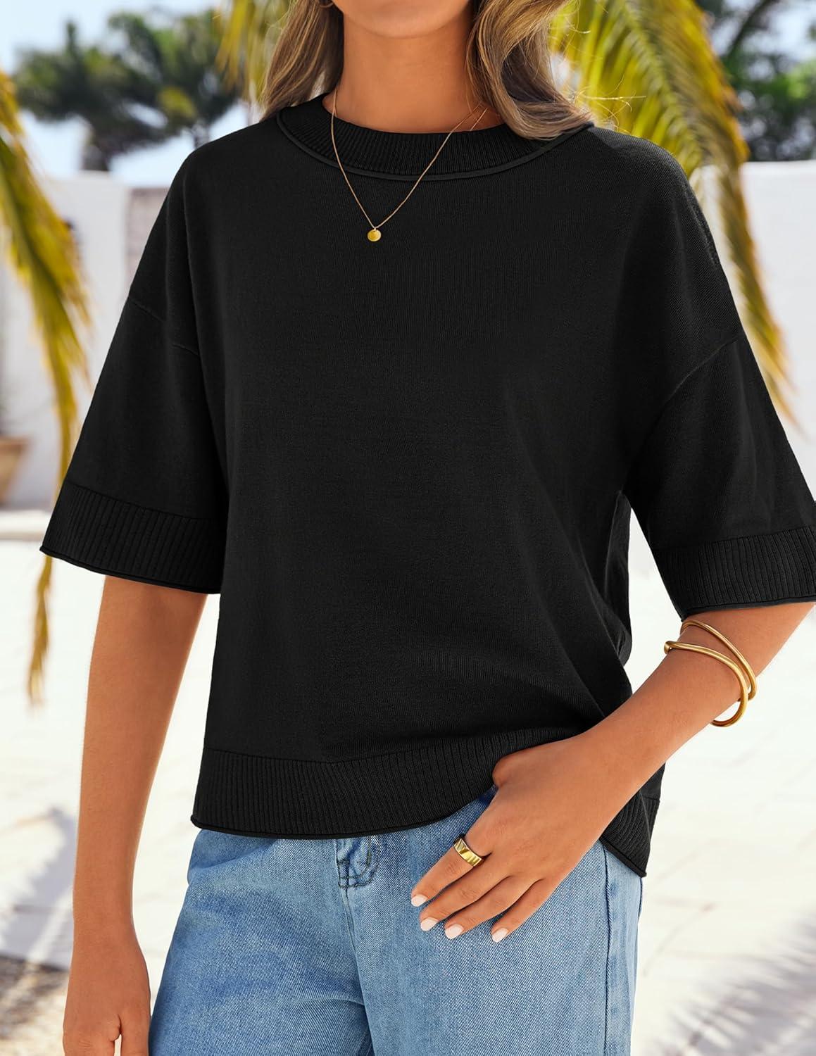 imageZESICA Womens Casual Short Sleeve Sweaters 2026 Summer Oversized Crewneck Soft Knit Cropped Tops Trendy OutfitsBlack