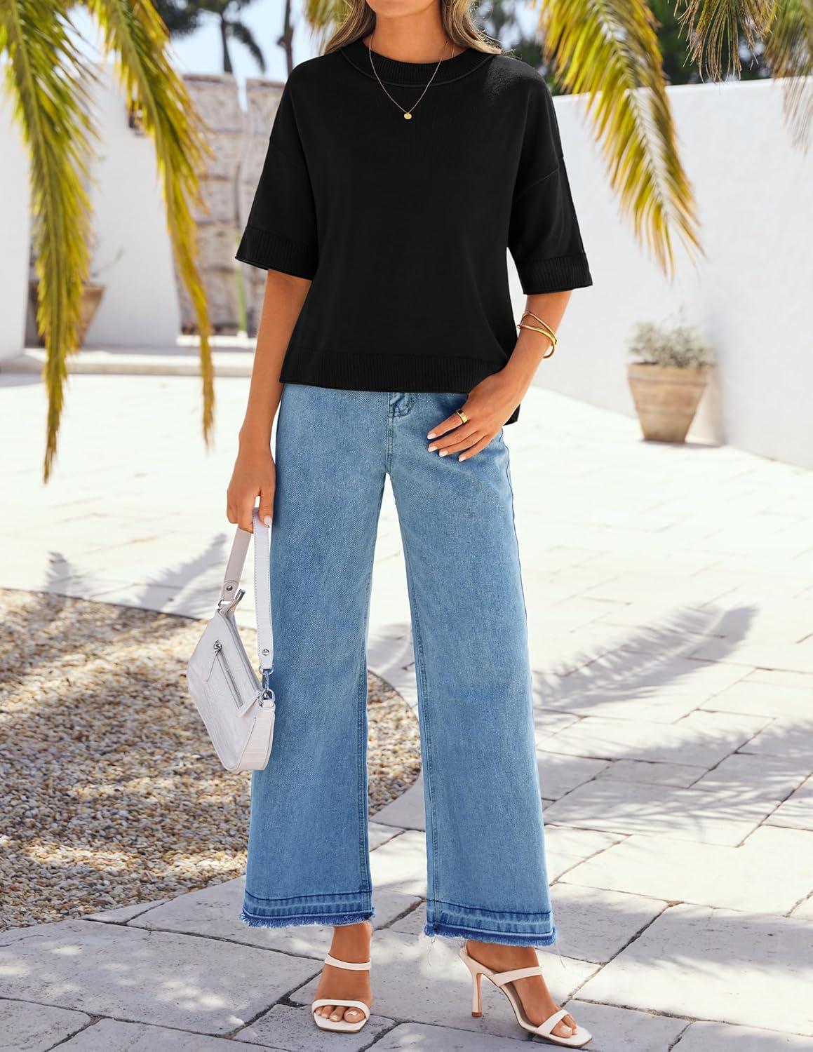 imageZESICA Womens Casual Short Sleeve Sweaters 2026 Summer Oversized Crewneck Soft Knit Cropped Tops Trendy OutfitsBlack