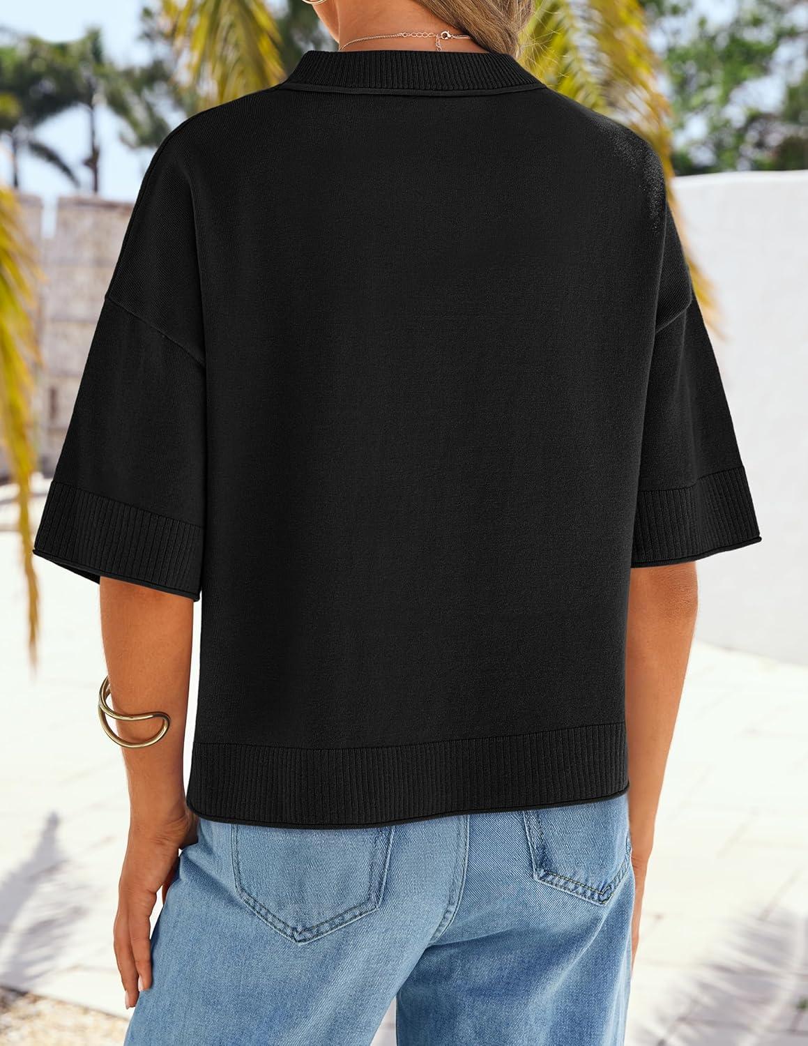 imageZESICA Womens Casual Short Sleeve Sweaters 2026 Summer Oversized Crewneck Soft Knit Cropped Tops Trendy OutfitsBlack