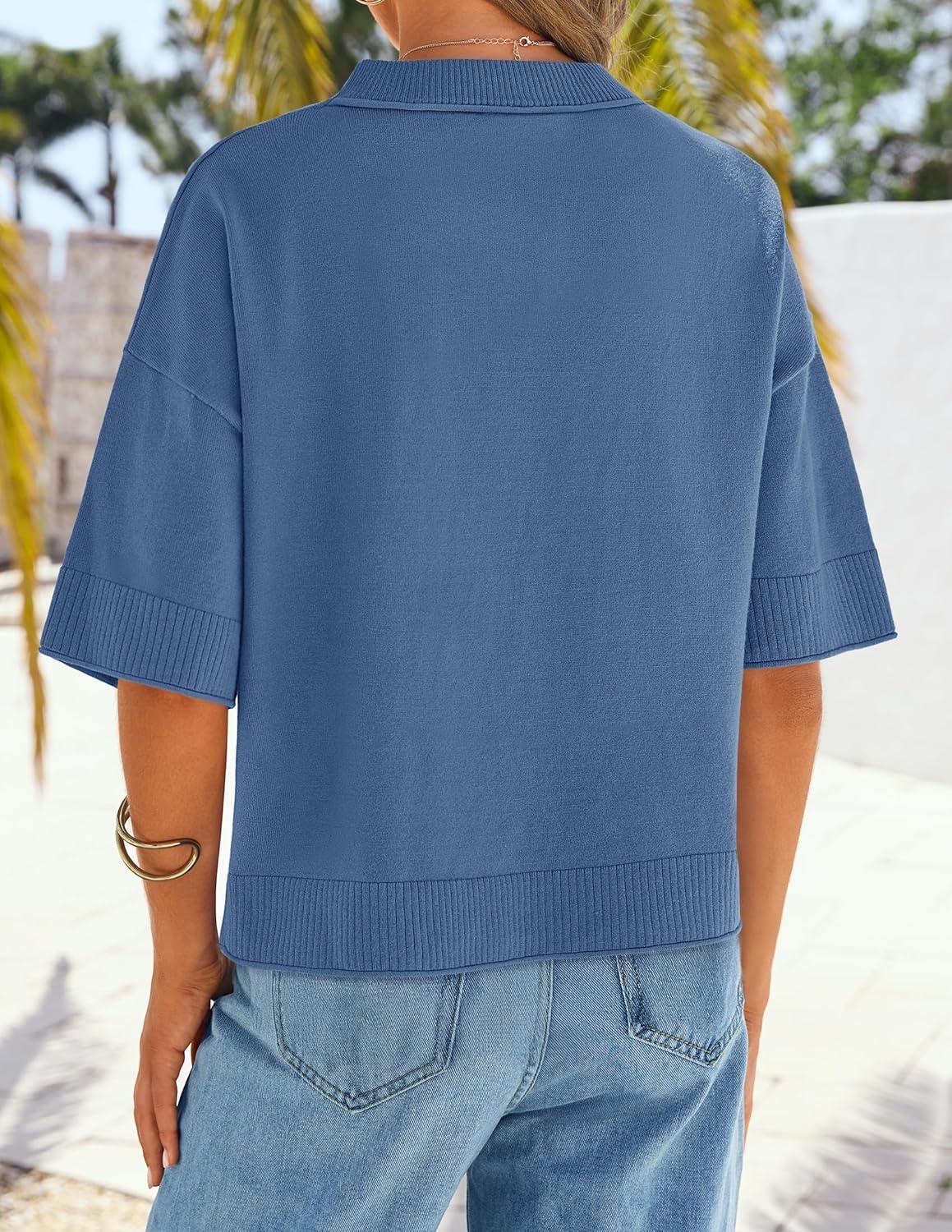 imageZESICA Womens Casual Short Sleeve Sweaters 2026 Summer Oversized Crewneck Soft Knit Cropped Tops Trendy OutfitsDustyblue