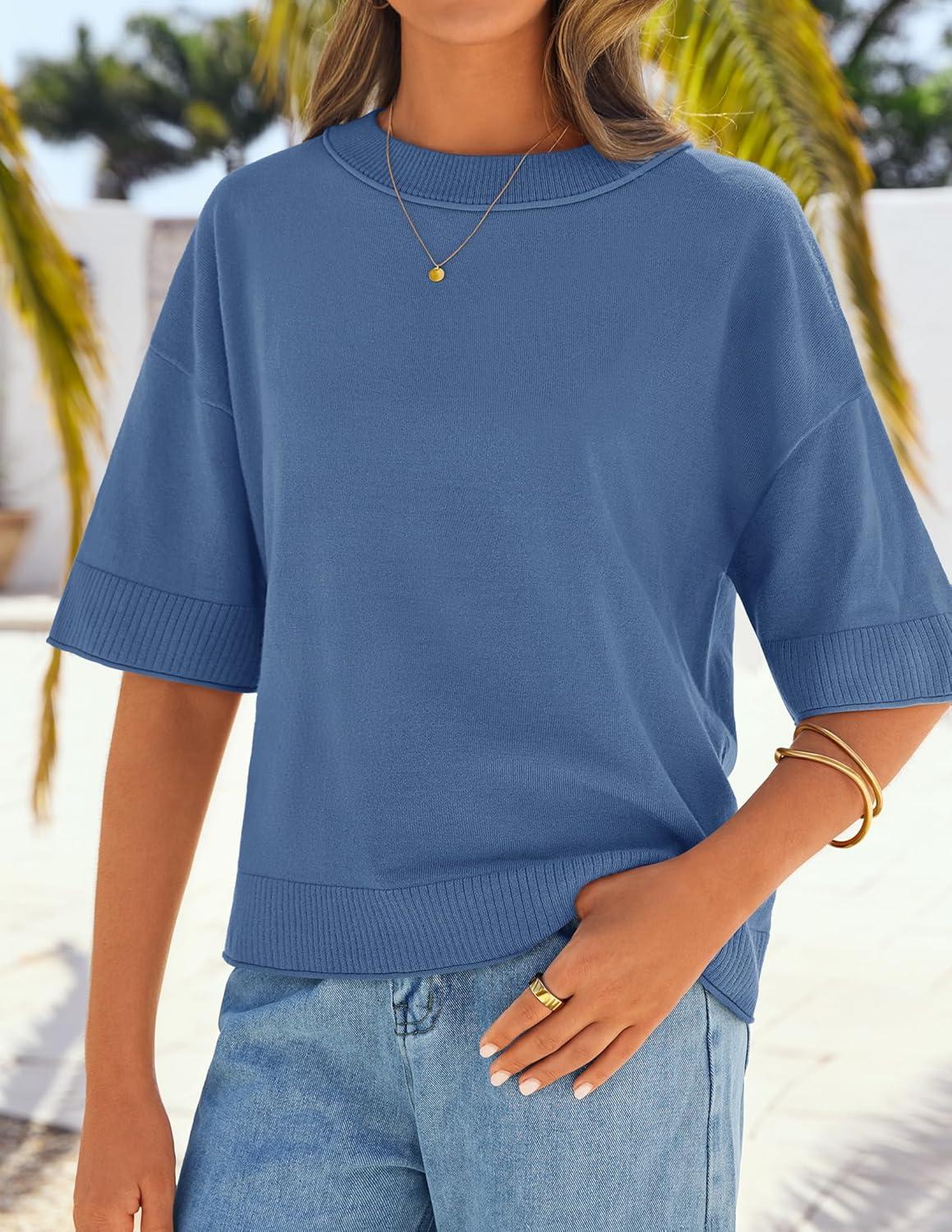 imageZESICA Womens Casual Short Sleeve Sweaters 2026 Summer Oversized Crewneck Soft Knit Cropped Tops Trendy OutfitsDustyblue