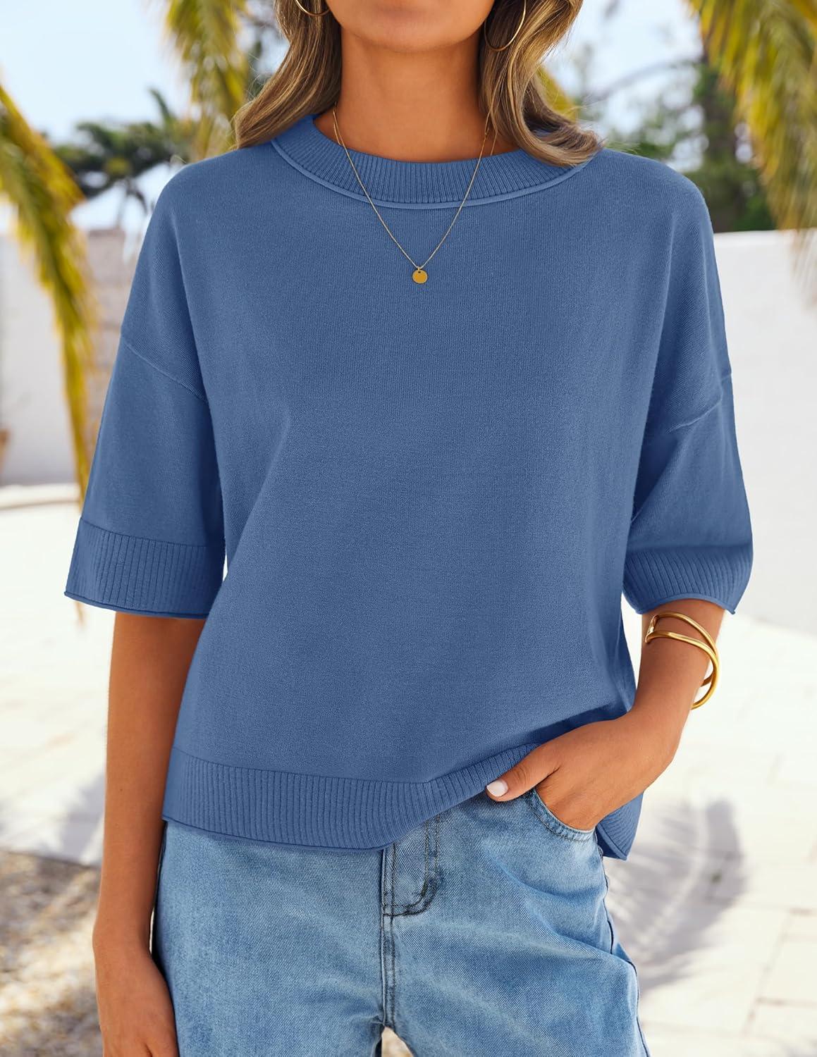 imageZESICA Womens Casual Short Sleeve Sweaters 2026 Summer Oversized Crewneck Soft Knit Cropped Tops Trendy OutfitsDustyblue