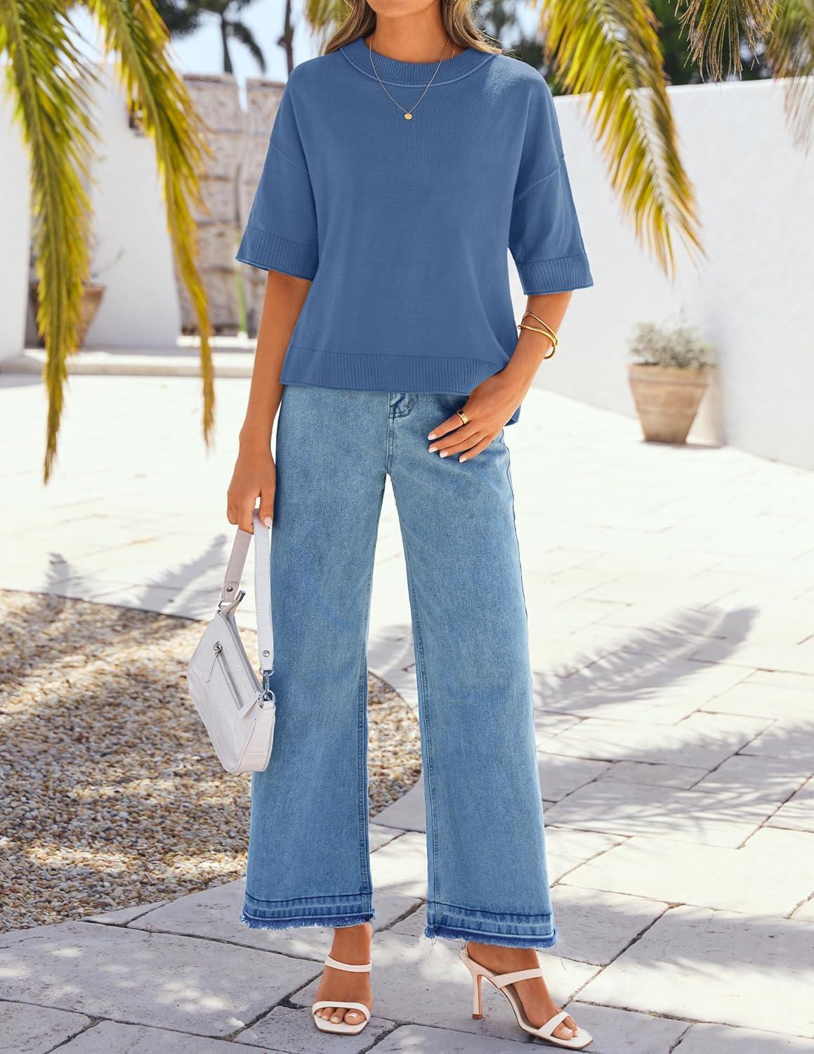 imageZESICA Womens Casual Short Sleeve Sweaters 2026 Summer Oversized Crewneck Soft Knit Cropped Tops Trendy OutfitsDustyblue