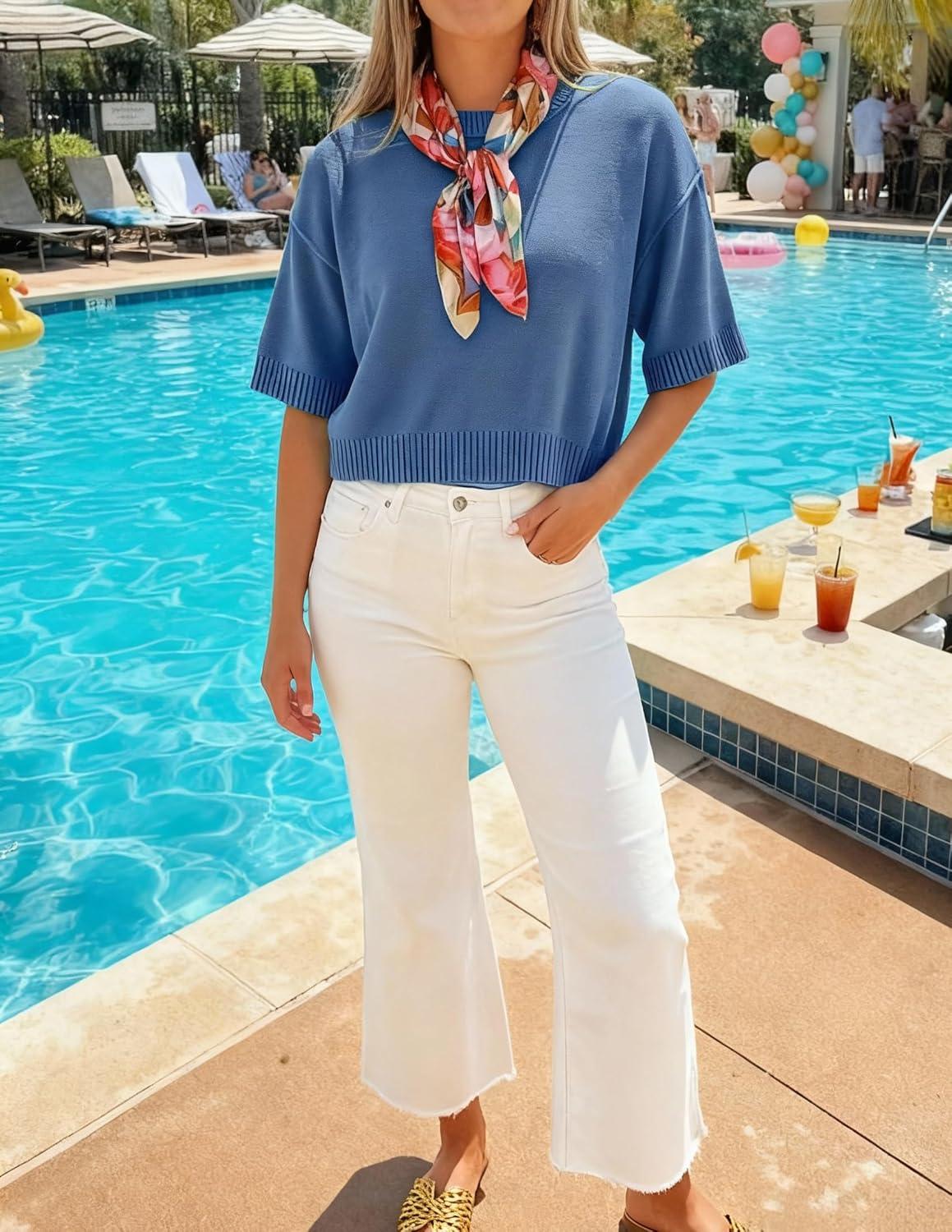 imageZESICA Womens Casual Short Sleeve Sweaters 2026 Summer Oversized Crewneck Soft Knit Cropped Tops Trendy OutfitsDustyblue