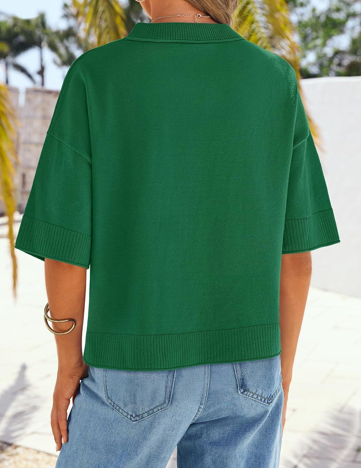 imageZESICA Womens Casual Short Sleeve Sweaters 2026 Summer Oversized Crewneck Soft Knit Cropped Tops Trendy OutfitsGreen