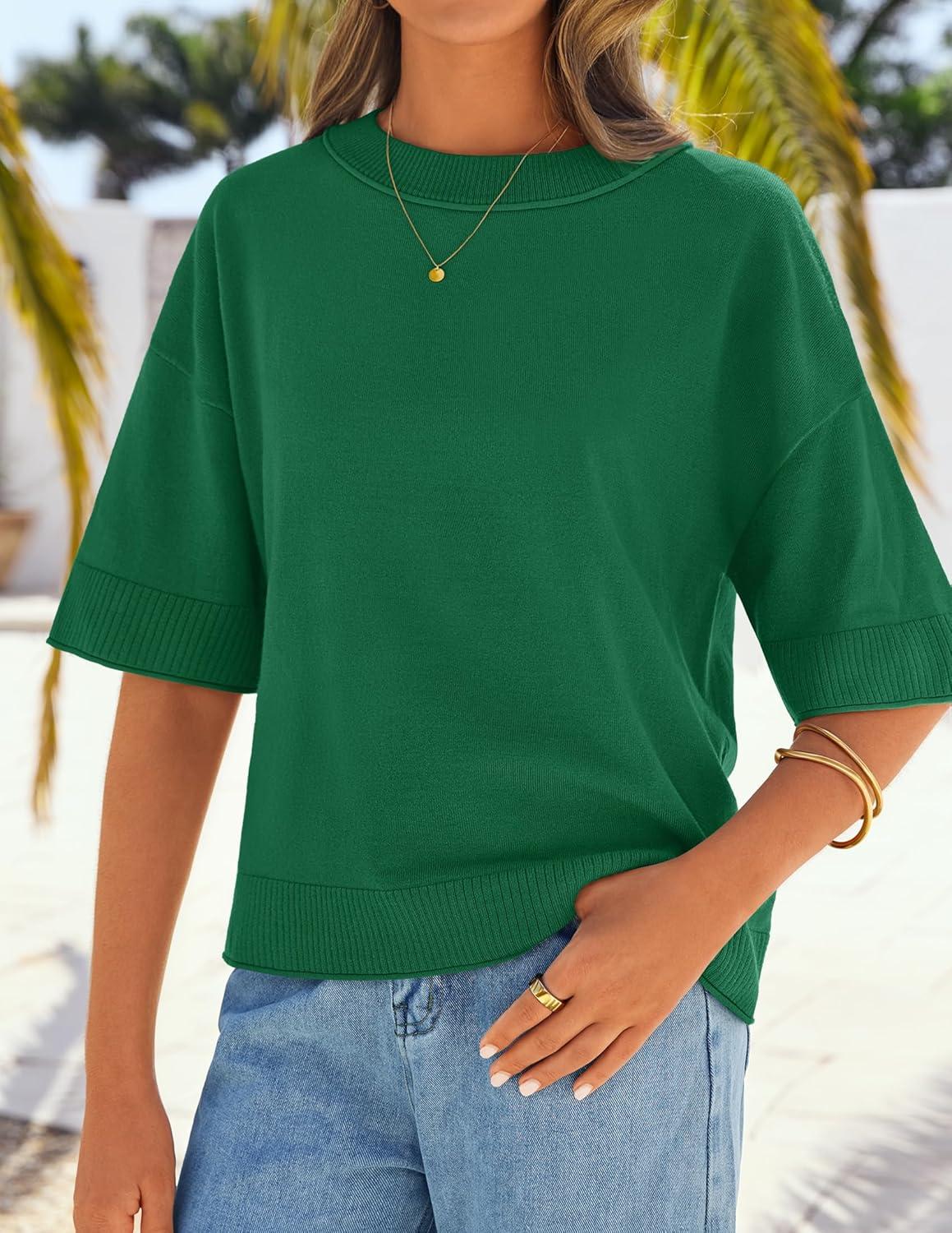 imageZESICA Womens Casual Short Sleeve Sweaters 2026 Summer Oversized Crewneck Soft Knit Cropped Tops Trendy OutfitsGreen
