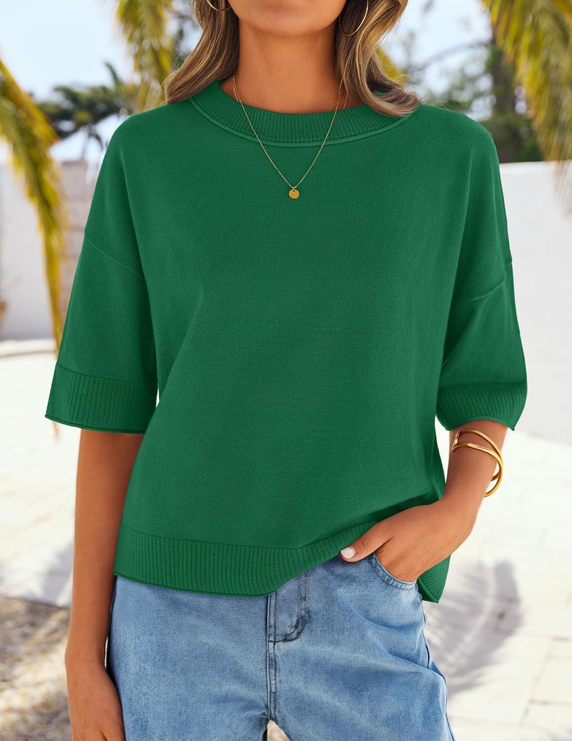 imageZESICA Womens Casual Short Sleeve Sweaters 2026 Summer Oversized Crewneck Soft Knit Cropped Tops Trendy OutfitsGreen