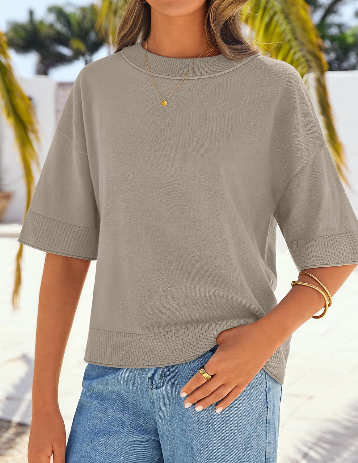 imageZESICA Womens Casual Short Sleeve Sweaters 2026 Summer Oversized Crewneck Soft Knit Cropped Tops Trendy OutfitsKhaki