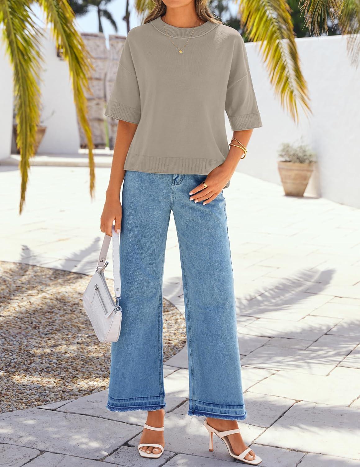 imageZESICA Womens Casual Short Sleeve Sweaters 2026 Summer Oversized Crewneck Soft Knit Cropped Tops Trendy OutfitsKhaki