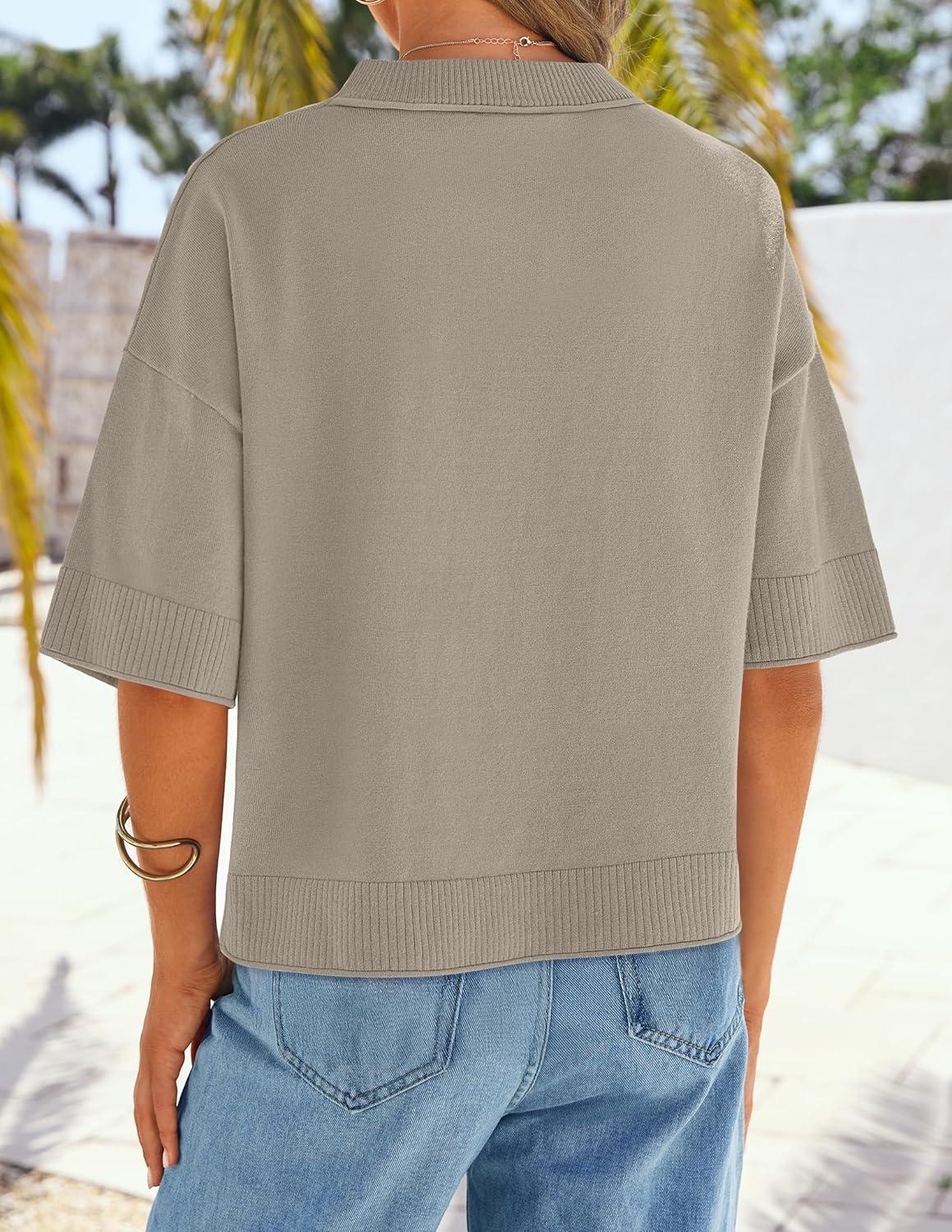 imageZESICA Womens Casual Short Sleeve Sweaters 2026 Summer Oversized Crewneck Soft Knit Cropped Tops Trendy OutfitsKhaki