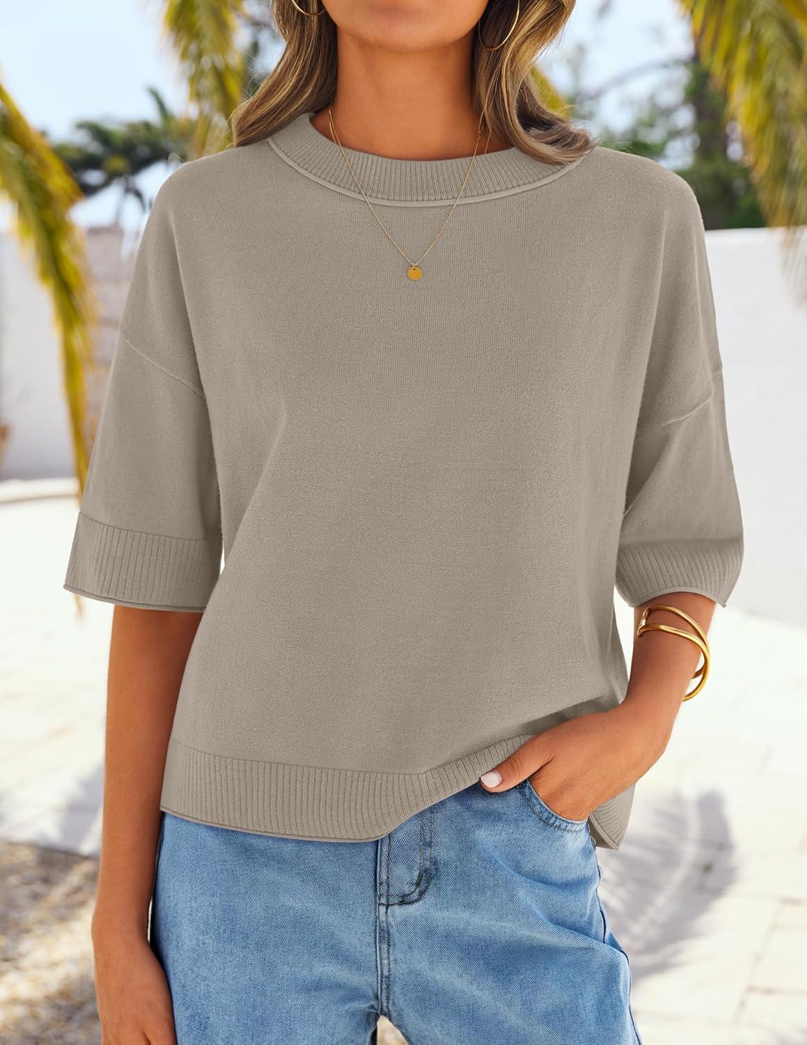 imageZESICA Womens Casual Short Sleeve Sweaters 2026 Summer Oversized Crewneck Soft Knit Cropped Tops Trendy OutfitsKhaki