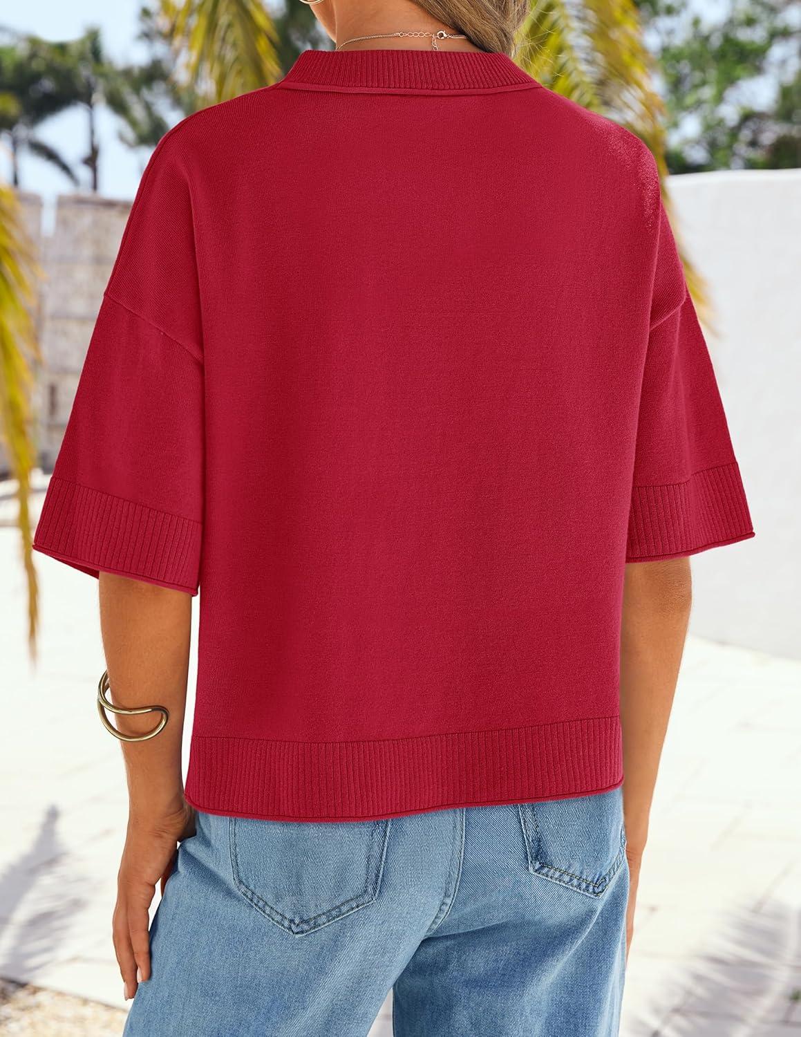 imageZESICA Womens Casual Short Sleeve Sweaters 2026 Summer Oversized Crewneck Soft Knit Cropped Tops Trendy OutfitsRed