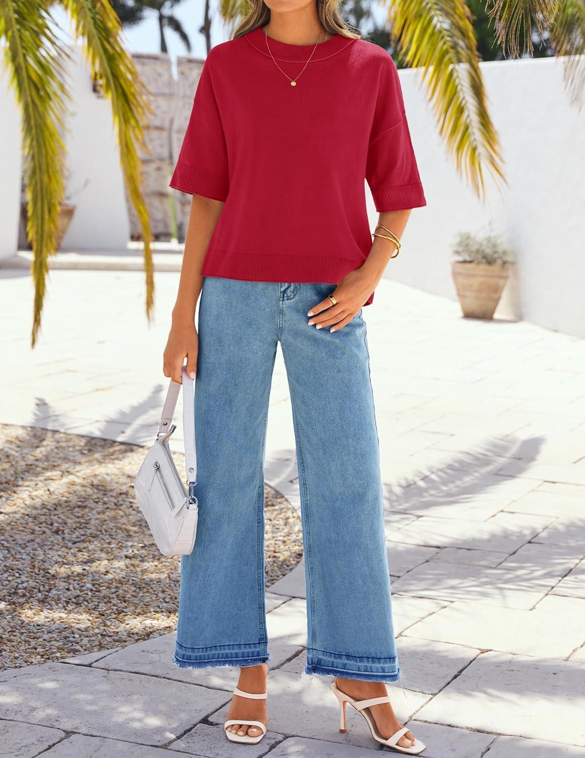 imageZESICA Womens Casual Short Sleeve Sweaters 2026 Summer Oversized Crewneck Soft Knit Cropped Tops Trendy OutfitsRed