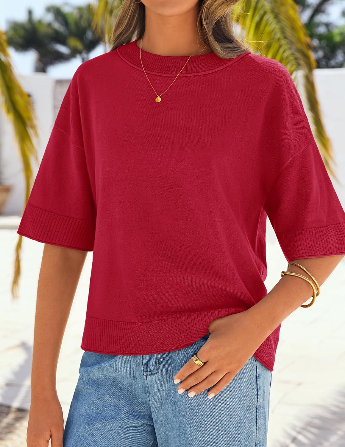 imageZESICA Womens Casual Short Sleeve Sweaters 2026 Summer Oversized Crewneck Soft Knit Cropped Tops Trendy OutfitsRed