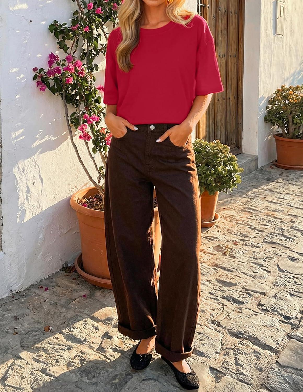 imageZESICA Womens Casual Short Sleeve Sweaters 2026 Summer Oversized Crewneck Soft Knit Cropped Tops Trendy OutfitsRed