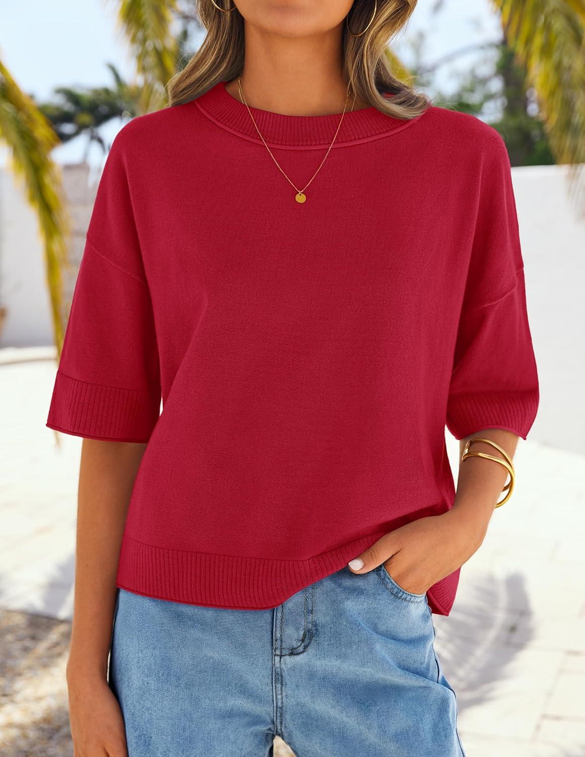 imageZESICA Womens Casual Short Sleeve Sweaters 2026 Summer Oversized Crewneck Soft Knit Cropped Tops Trendy OutfitsRed