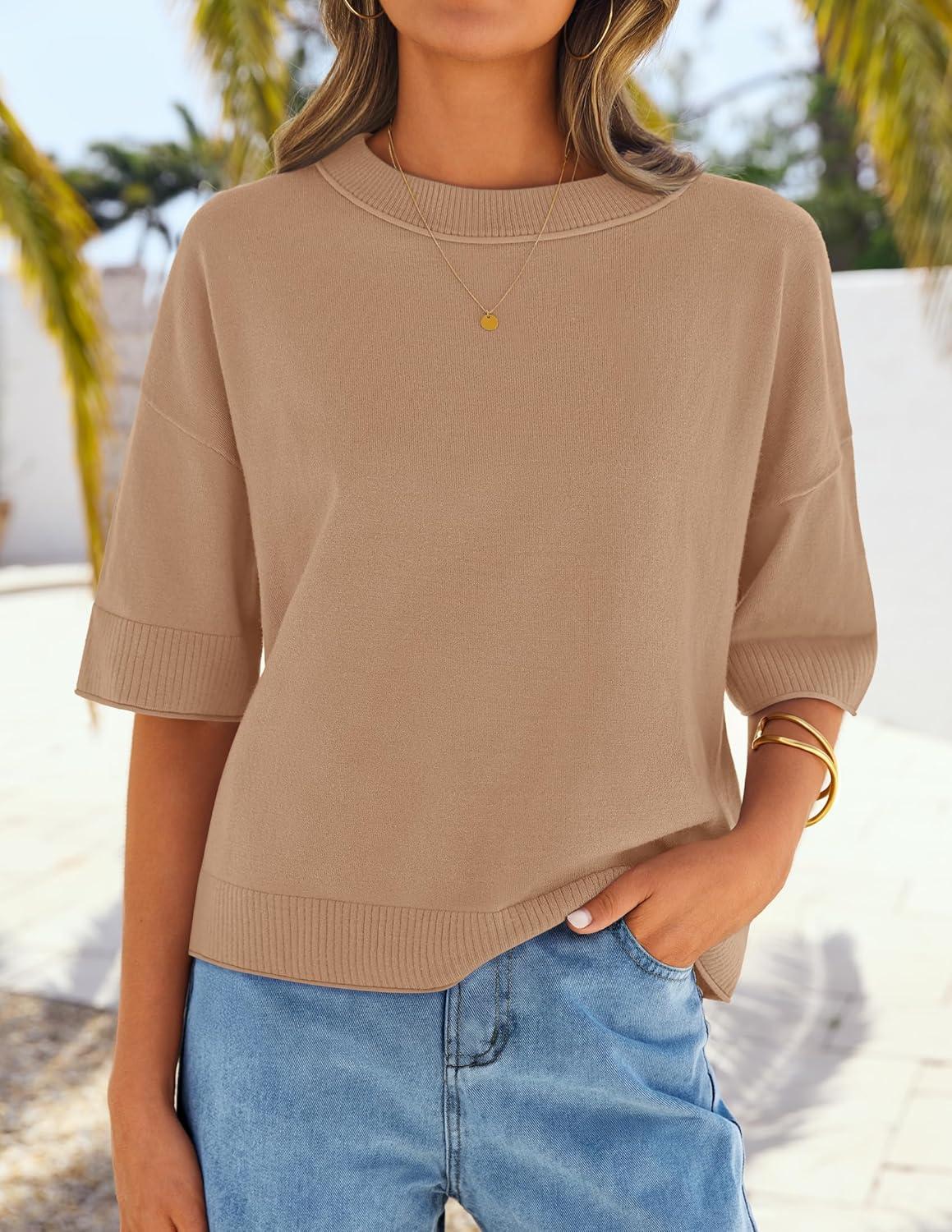 imageZESICA Womens Casual Short Sleeve Sweaters 2026 Summer Oversized Crewneck Soft Knit Cropped Tops Trendy OutfitsToffee
