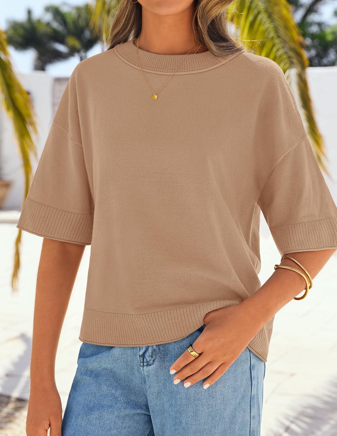 imageZESICA Womens Casual Short Sleeve Sweaters 2026 Summer Oversized Crewneck Soft Knit Cropped Tops Trendy OutfitsToffee