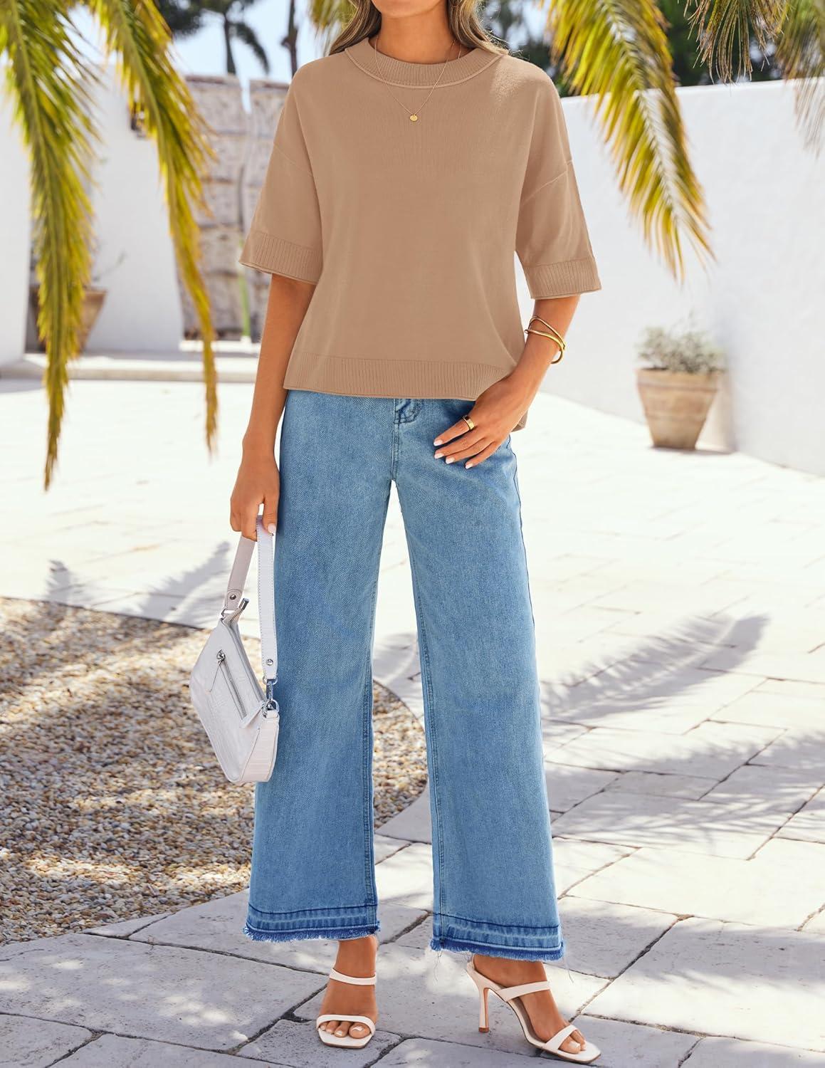 imageZESICA Womens Casual Short Sleeve Sweaters 2026 Summer Oversized Crewneck Soft Knit Cropped Tops Trendy OutfitsToffee