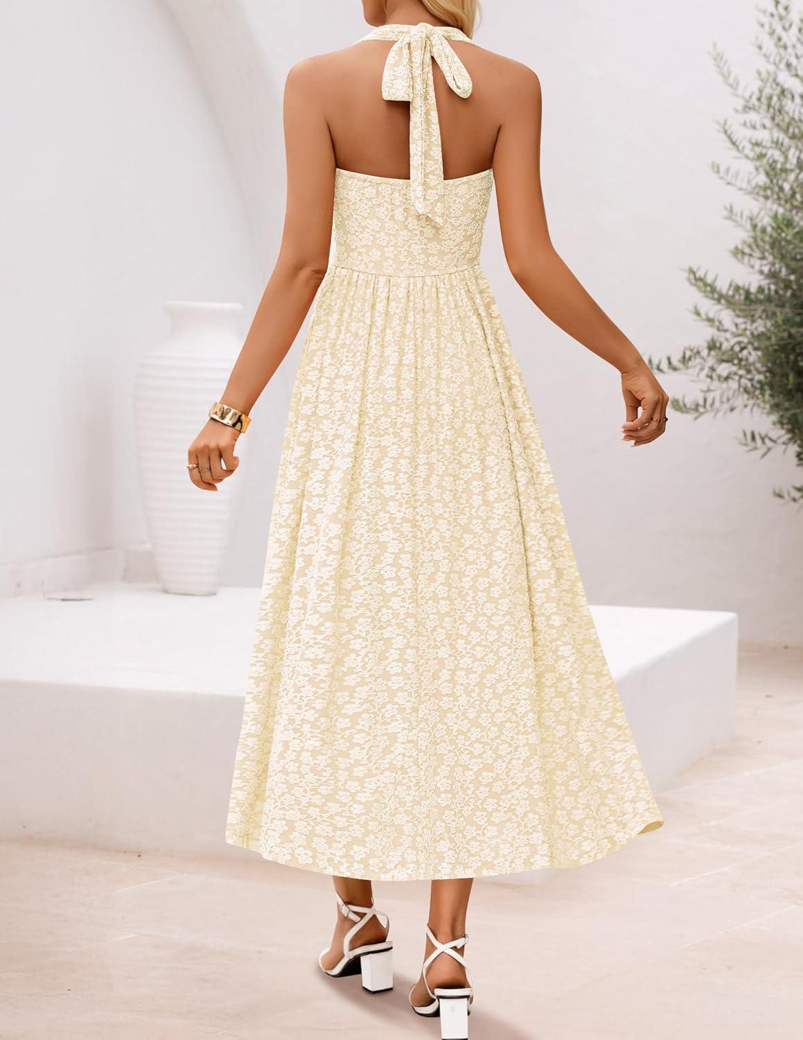 imageZESICA Womens Floral Halter Midi Dress 2026 Casual Elegant Sleeveless Flowy A Line Wedding Guest Cocktail DressesApricot