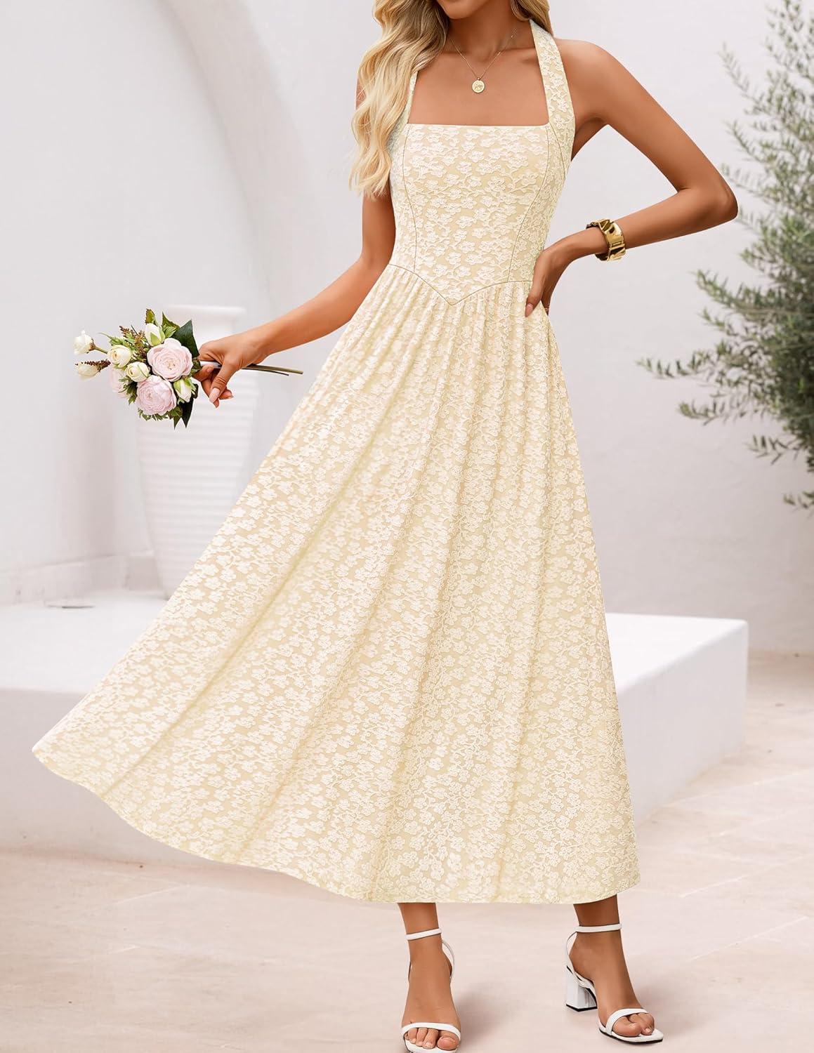 imageZESICA Womens Floral Halter Midi Dress 2026 Casual Elegant Sleeveless Flowy A Line Wedding Guest Cocktail DressesApricot