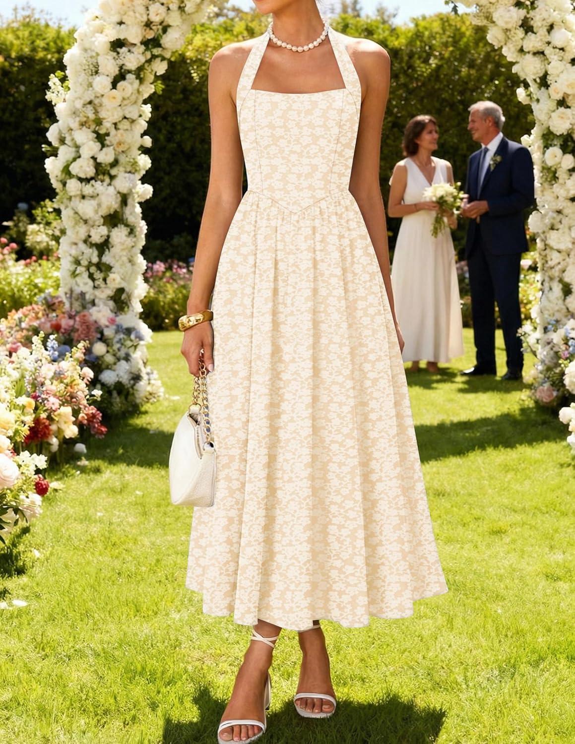 imageZESICA Womens Floral Halter Midi Dress 2026 Casual Elegant Sleeveless Flowy A Line Wedding Guest Cocktail DressesApricot