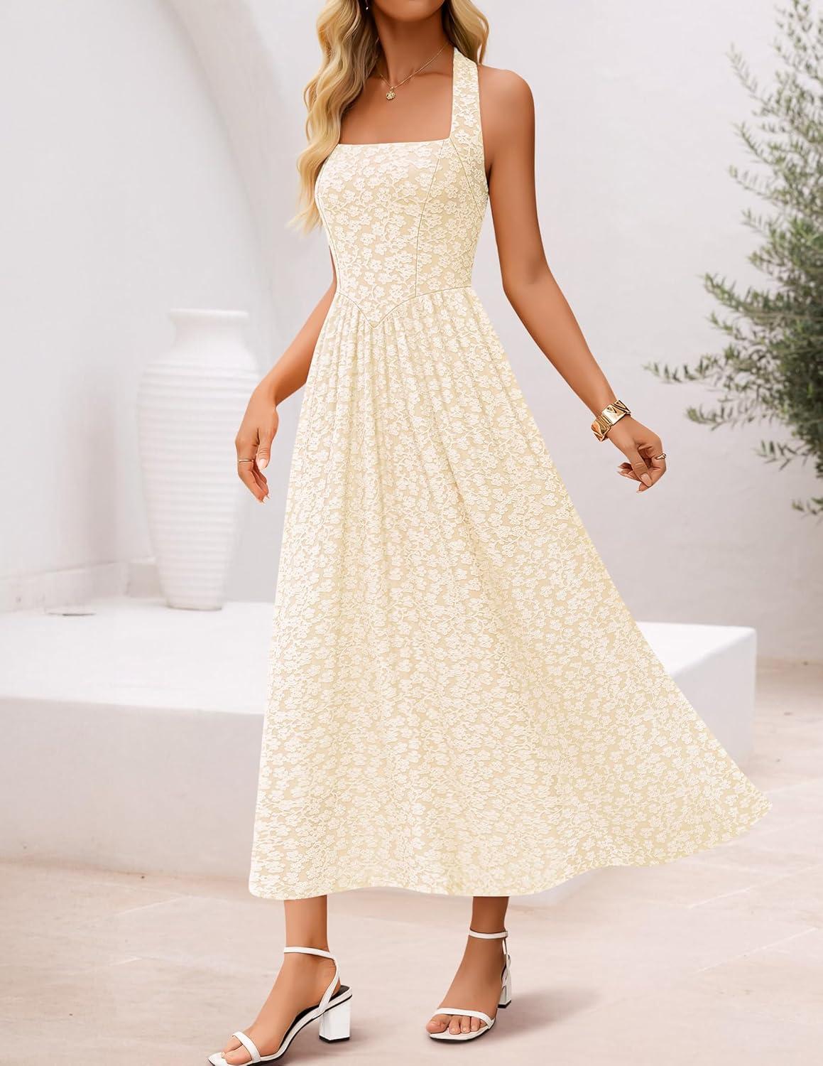 imageZESICA Womens Floral Halter Midi Dress 2026 Casual Elegant Sleeveless Flowy A Line Wedding Guest Cocktail DressesApricot