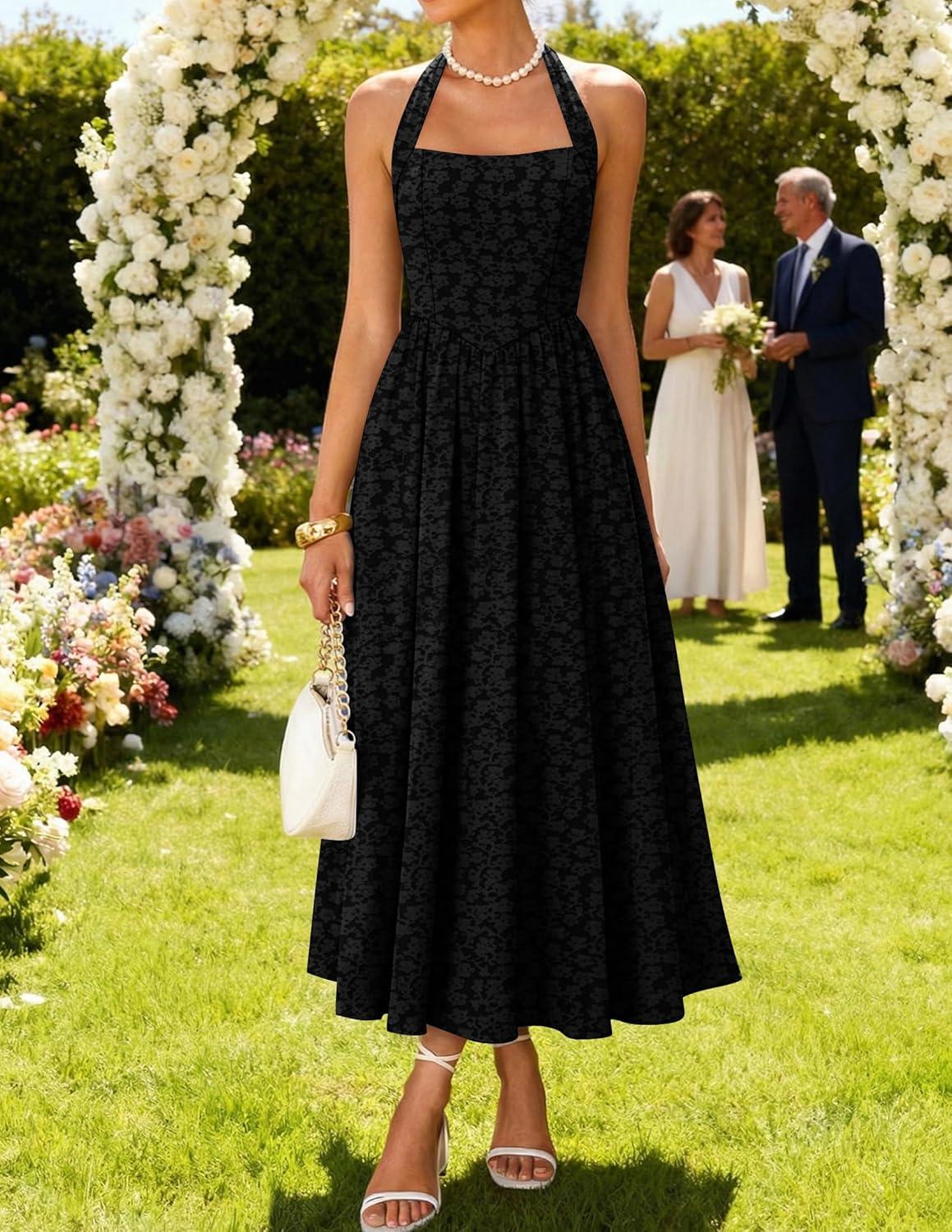 imageZESICA Womens Floral Halter Midi Dress 2026 Casual Elegant Sleeveless Flowy A Line Wedding Guest Cocktail DressesBlack