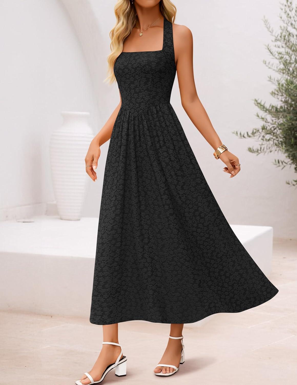 imageZESICA Womens Floral Halter Midi Dress 2026 Casual Elegant Sleeveless Flowy A Line Wedding Guest Cocktail DressesBlack