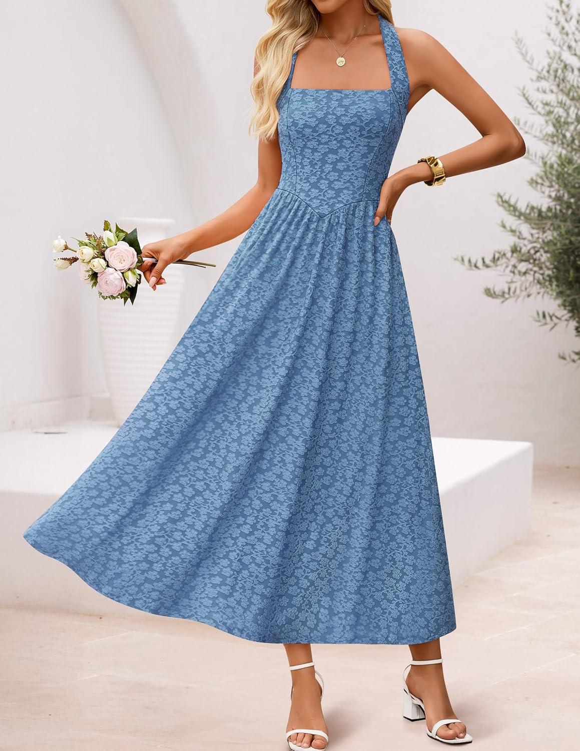 imageZESICA Womens Floral Halter Midi Dress 2026 Casual Elegant Sleeveless Flowy A Line Wedding Guest Cocktail DressesDustyblue