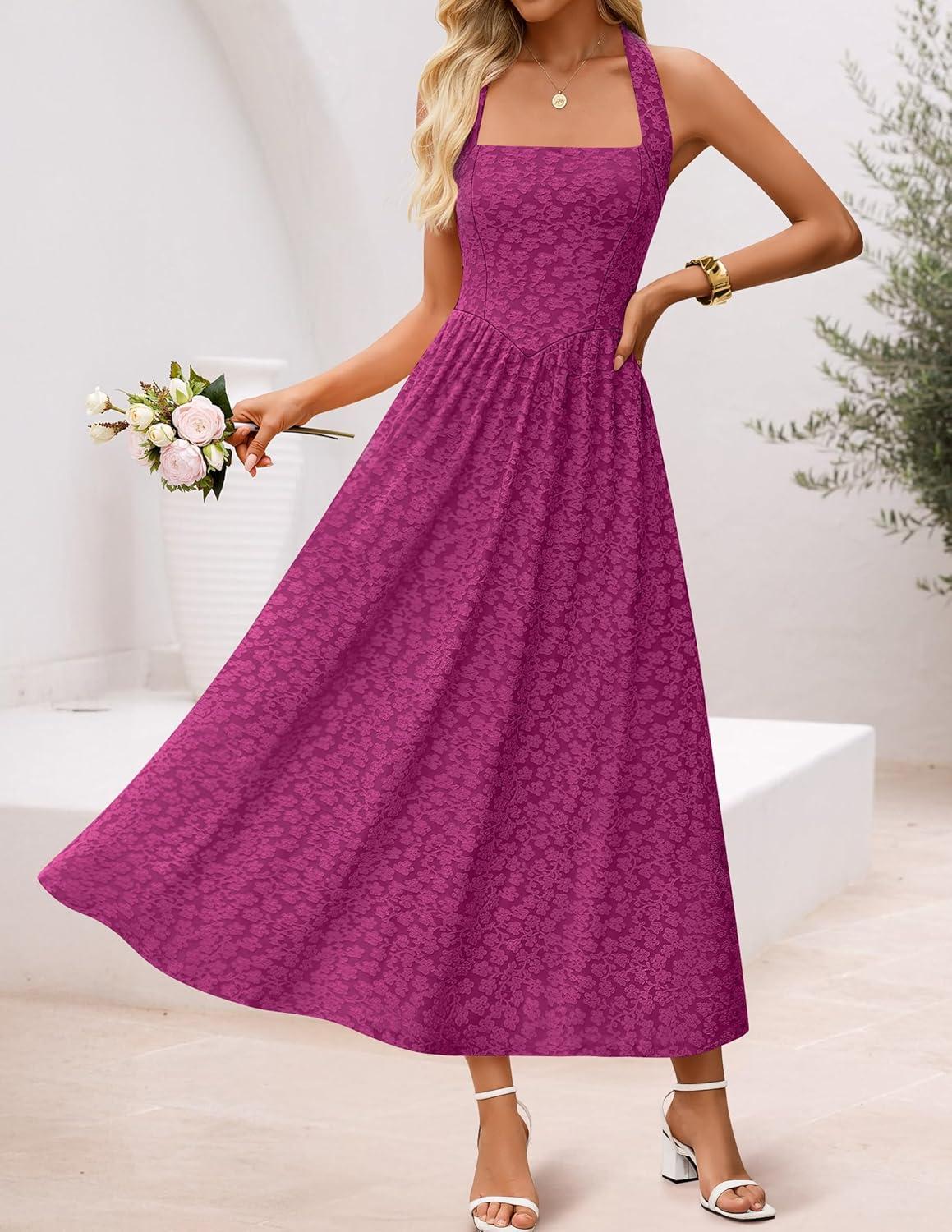 imageZESICA Womens Floral Halter Midi Dress 2026 Casual Elegant Sleeveless Flowy A Line Wedding Guest Cocktail DressesEggplant