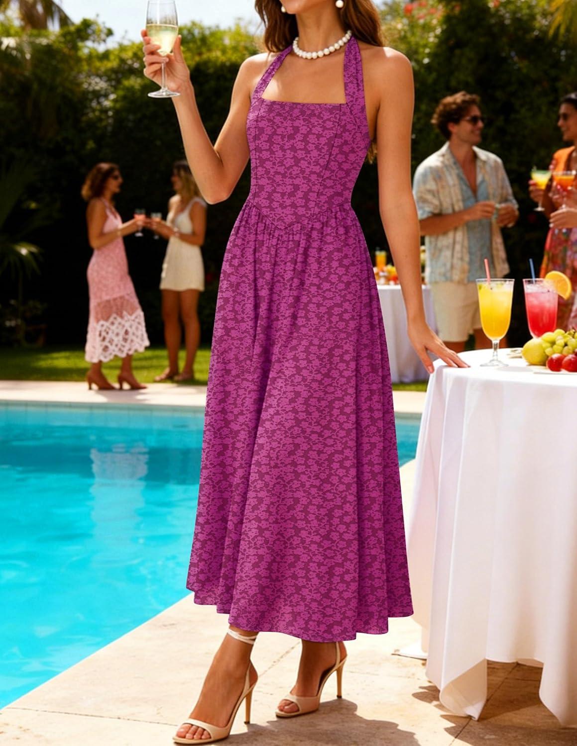 imageZESICA Womens Floral Halter Midi Dress 2026 Casual Elegant Sleeveless Flowy A Line Wedding Guest Cocktail DressesEggplant