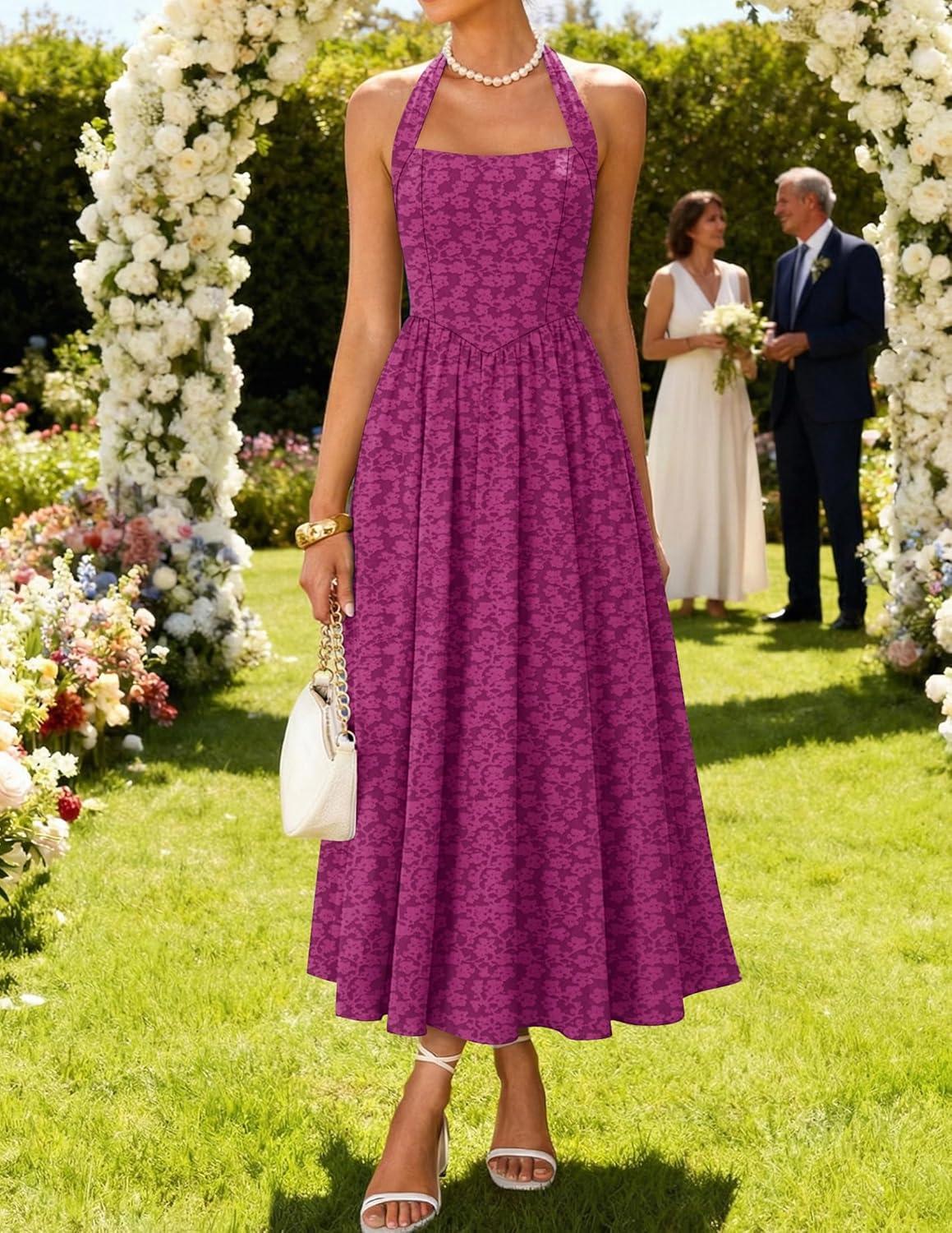 imageZESICA Womens Floral Halter Midi Dress 2026 Casual Elegant Sleeveless Flowy A Line Wedding Guest Cocktail DressesEggplant