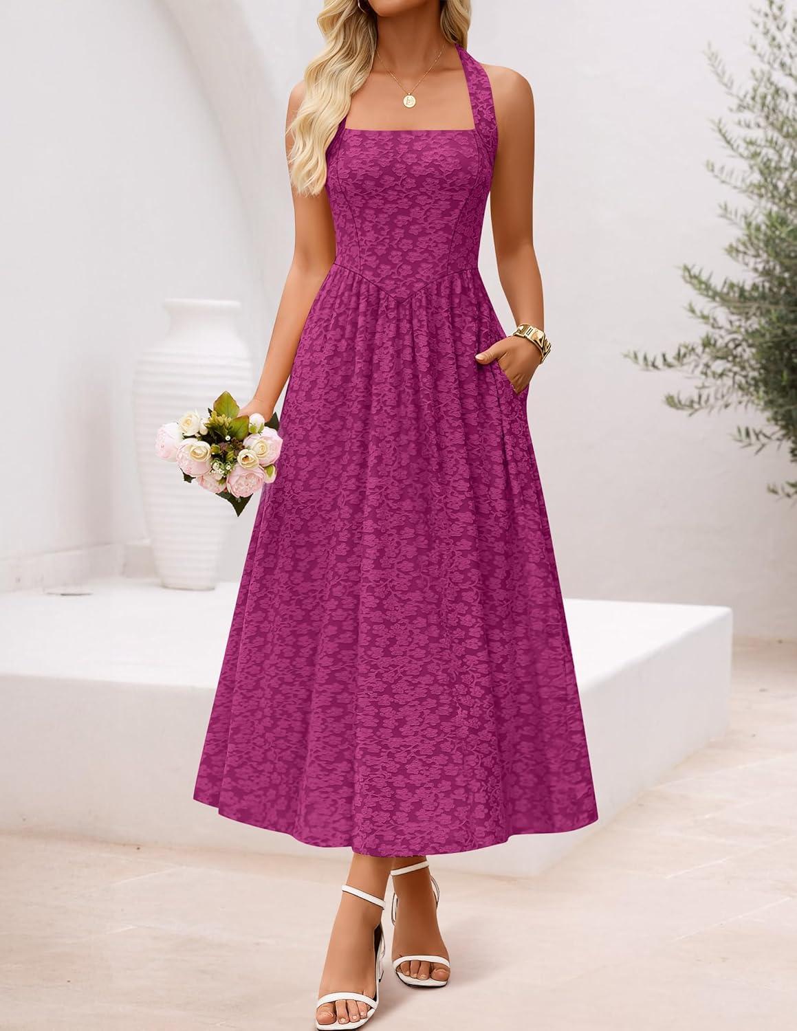 imageZESICA Womens Floral Halter Midi Dress 2026 Casual Elegant Sleeveless Flowy A Line Wedding Guest Cocktail DressesEggplant
