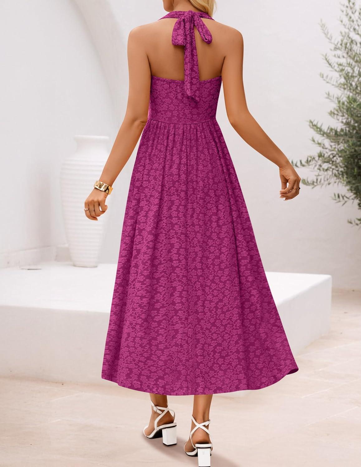 imageZESICA Womens Floral Halter Midi Dress 2026 Casual Elegant Sleeveless Flowy A Line Wedding Guest Cocktail DressesEggplant