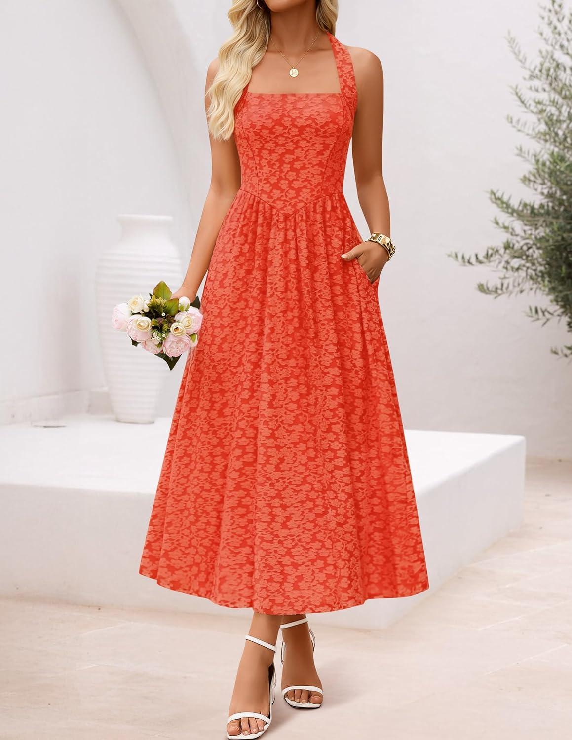 imageZESICA Womens Floral Halter Midi Dress 2026 Casual Elegant Sleeveless Flowy A Line Wedding Guest Cocktail DressesOrangered