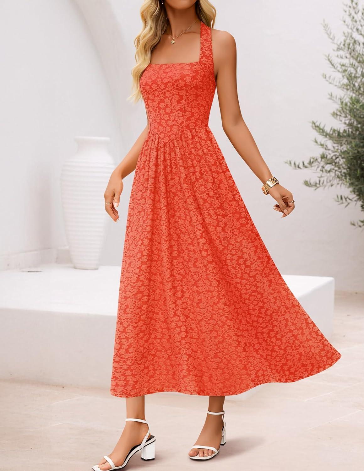 imageZESICA Womens Floral Halter Midi Dress 2026 Casual Elegant Sleeveless Flowy A Line Wedding Guest Cocktail DressesOrangered