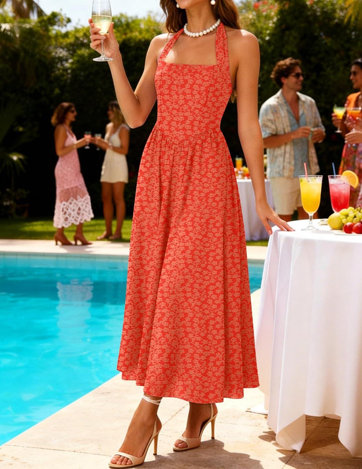imageZESICA Womens Floral Halter Midi Dress 2026 Casual Elegant Sleeveless Flowy A Line Wedding Guest Cocktail DressesOrangered