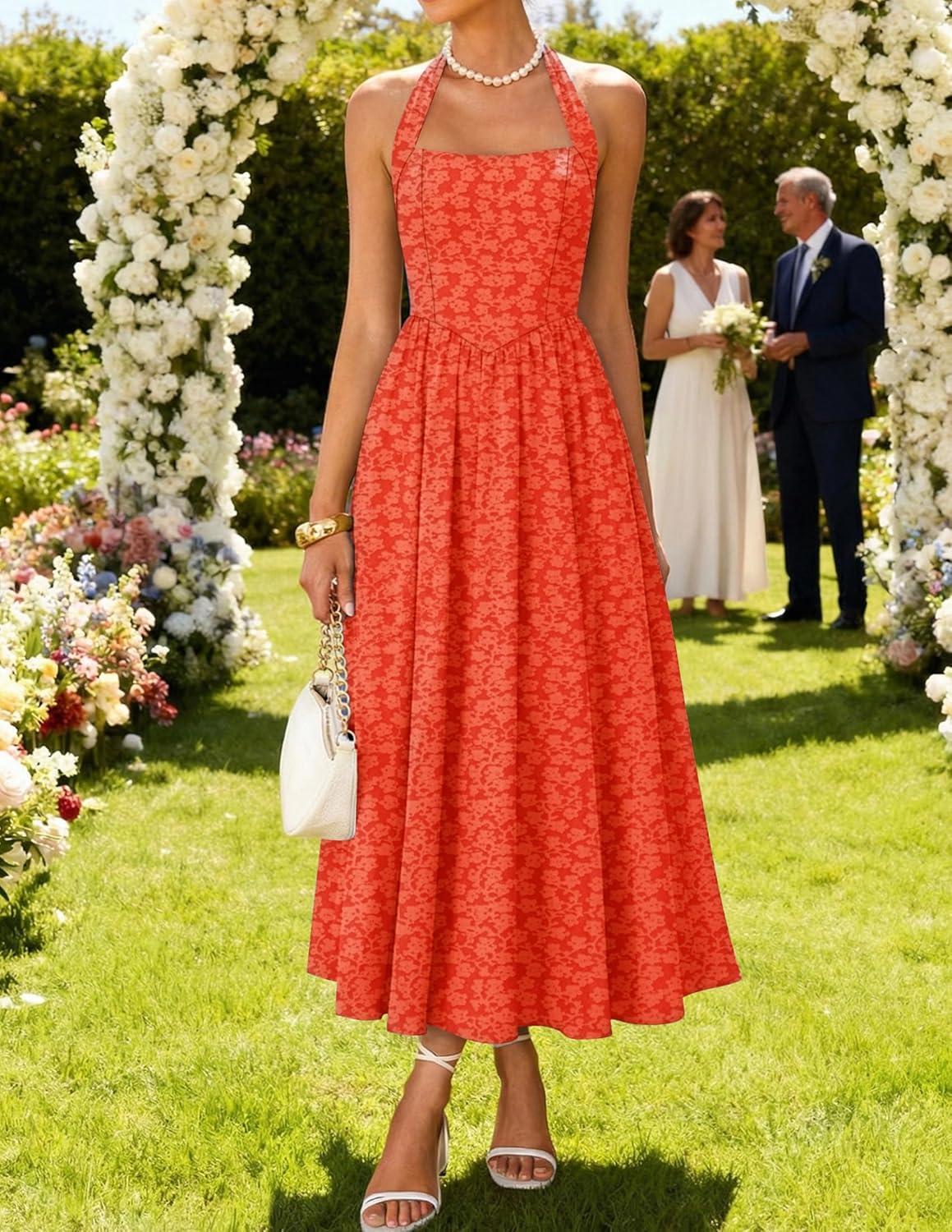 imageZESICA Womens Floral Halter Midi Dress 2026 Casual Elegant Sleeveless Flowy A Line Wedding Guest Cocktail DressesOrangered
