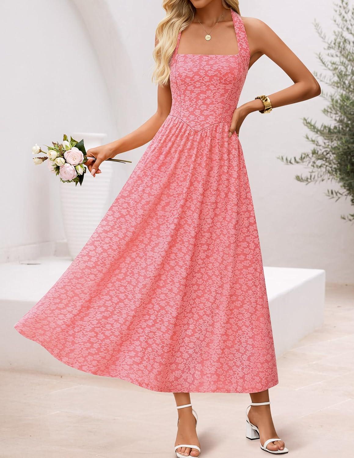 imageZESICA Womens Floral Halter Midi Dress 2026 Casual Elegant Sleeveless Flowy A Line Wedding Guest Cocktail DressesPink