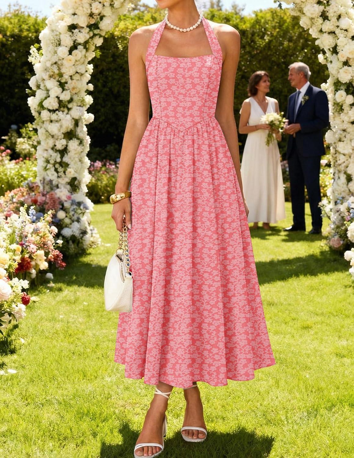 imageZESICA Womens Floral Halter Midi Dress 2026 Casual Elegant Sleeveless Flowy A Line Wedding Guest Cocktail DressesPink