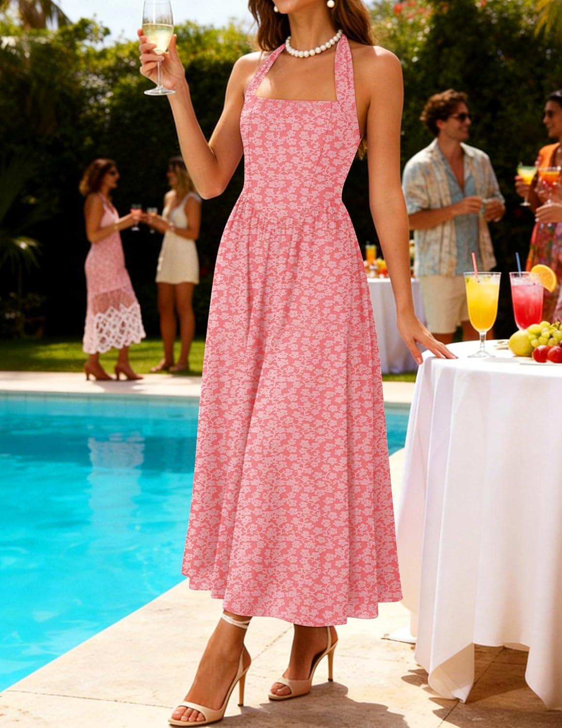 imageZESICA Womens Floral Halter Midi Dress 2026 Casual Elegant Sleeveless Flowy A Line Wedding Guest Cocktail DressesPink