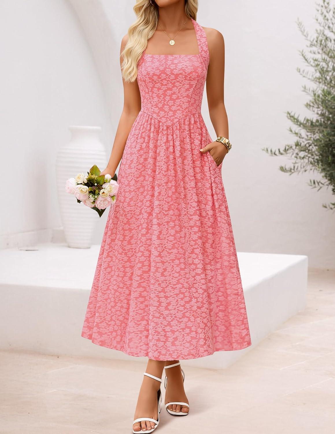 imageZESICA Womens Floral Halter Midi Dress 2026 Casual Elegant Sleeveless Flowy A Line Wedding Guest Cocktail DressesPink