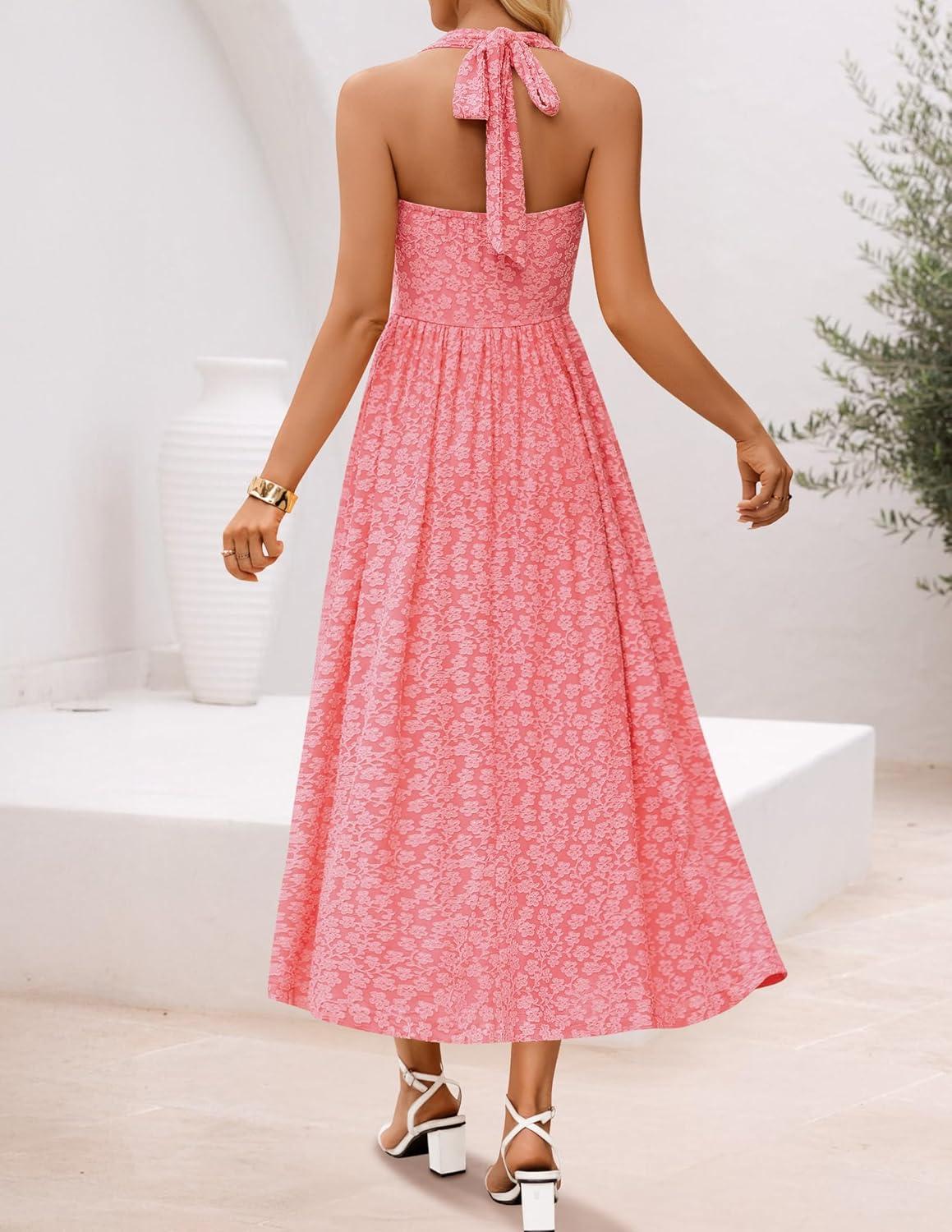 imageZESICA Womens Floral Halter Midi Dress 2026 Casual Elegant Sleeveless Flowy A Line Wedding Guest Cocktail DressesPink