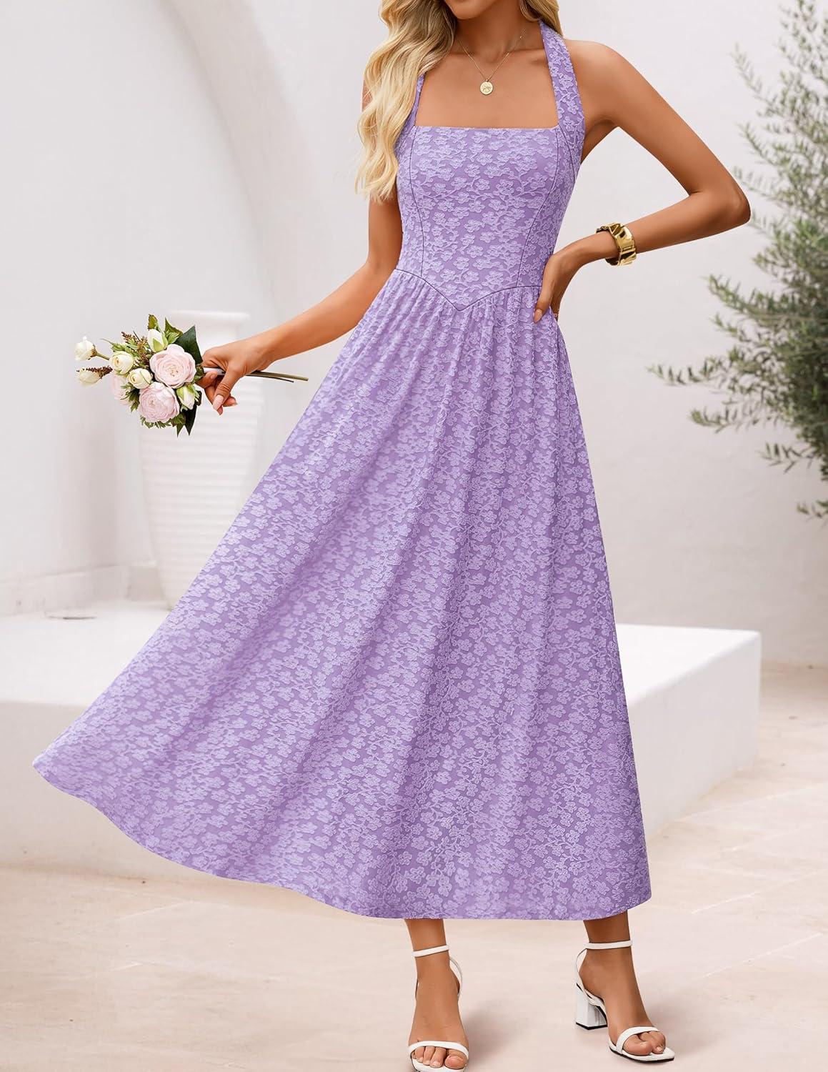 imageZESICA Womens Floral Halter Midi Dress 2026 Casual Elegant Sleeveless Flowy A Line Wedding Guest Cocktail DressesPurple