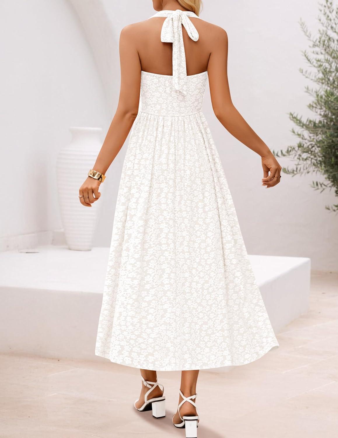 imageZESICA Womens Floral Halter Midi Dress 2026 Casual Elegant Sleeveless Flowy A Line Wedding Guest Cocktail DressesWhite