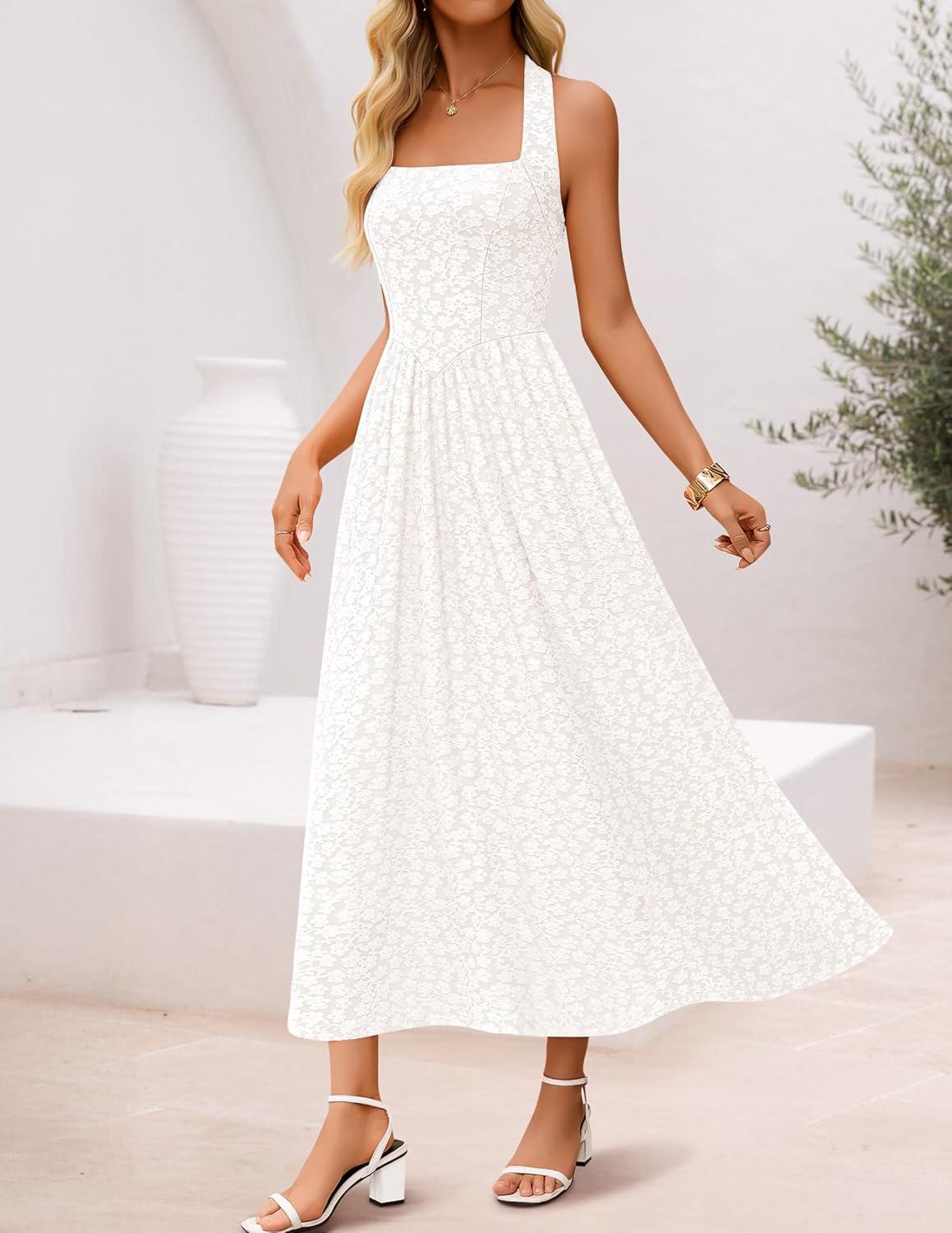 imageZESICA Womens Floral Halter Midi Dress 2026 Casual Elegant Sleeveless Flowy A Line Wedding Guest Cocktail DressesWhite