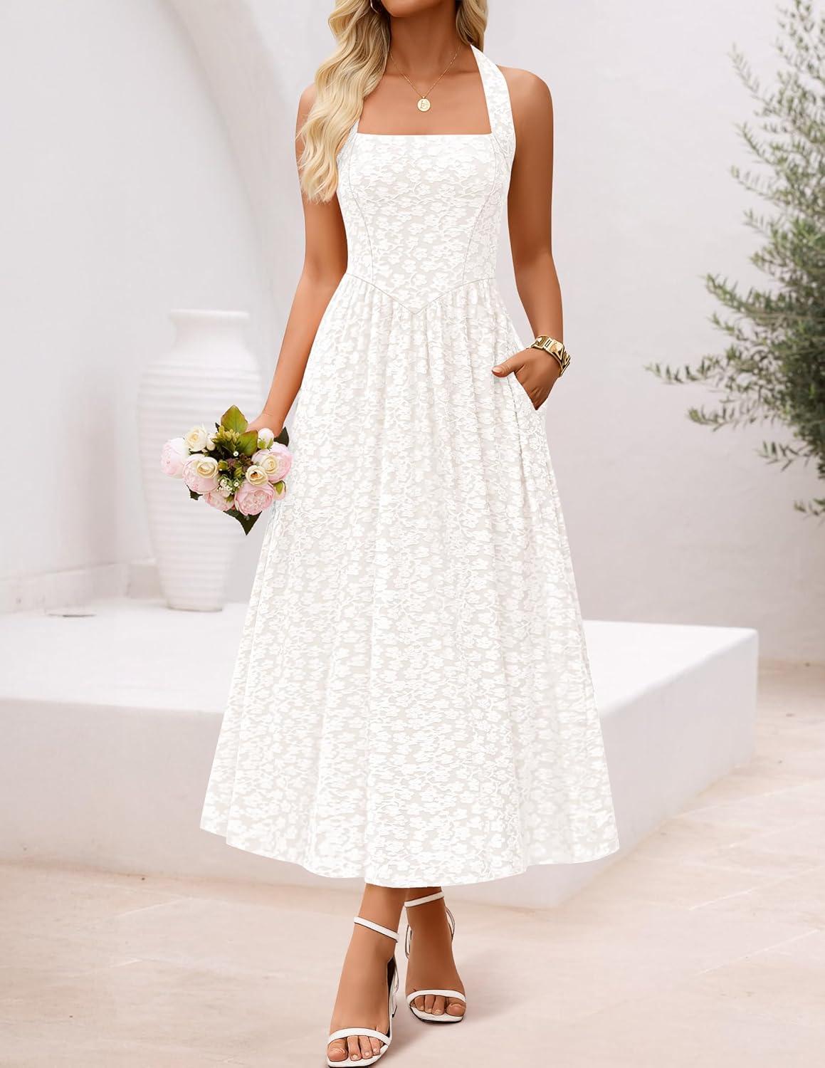 imageZESICA Womens Floral Halter Midi Dress 2026 Casual Elegant Sleeveless Flowy A Line Wedding Guest Cocktail DressesWhite